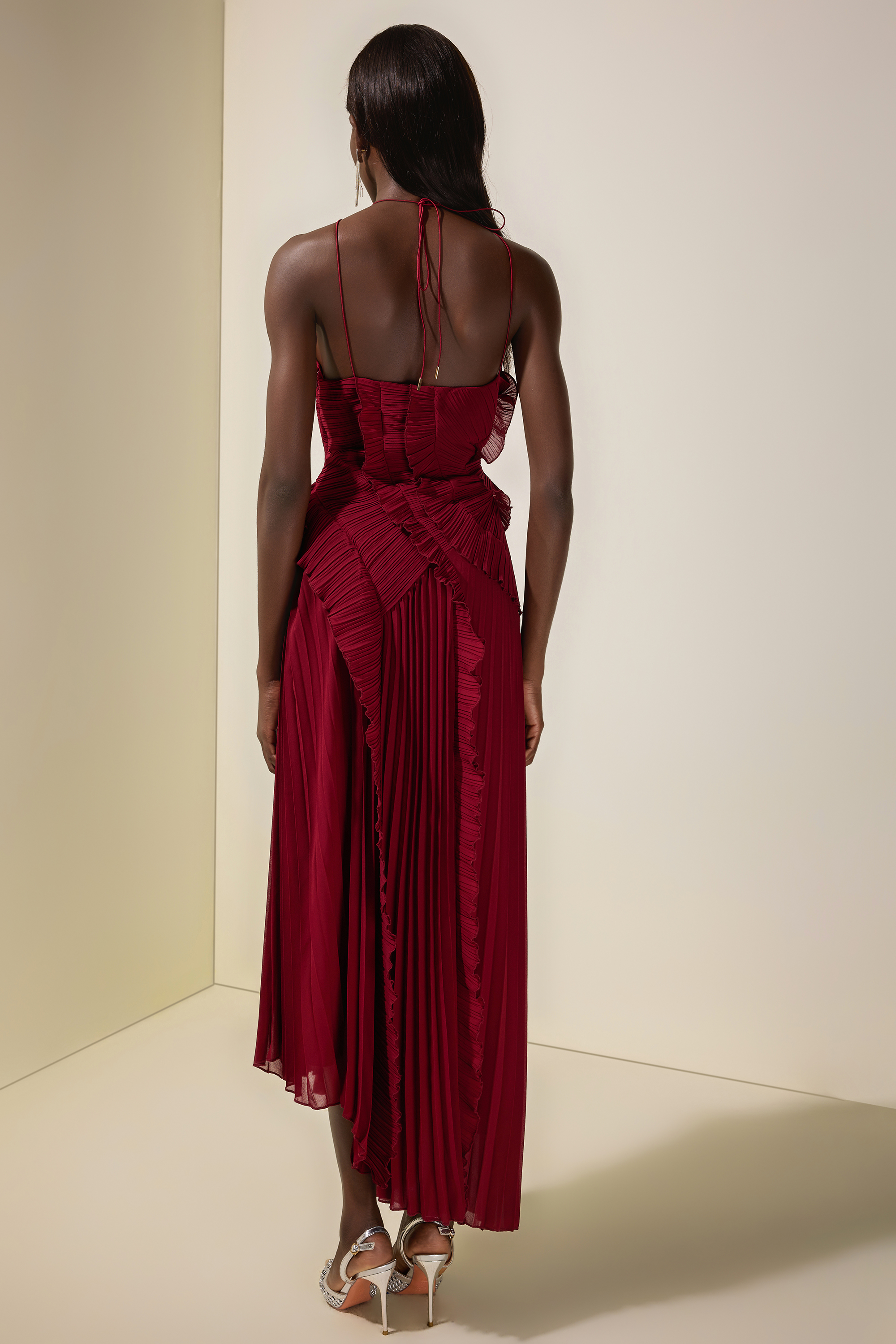 Pleated Frill Halter Neck Midi Dress