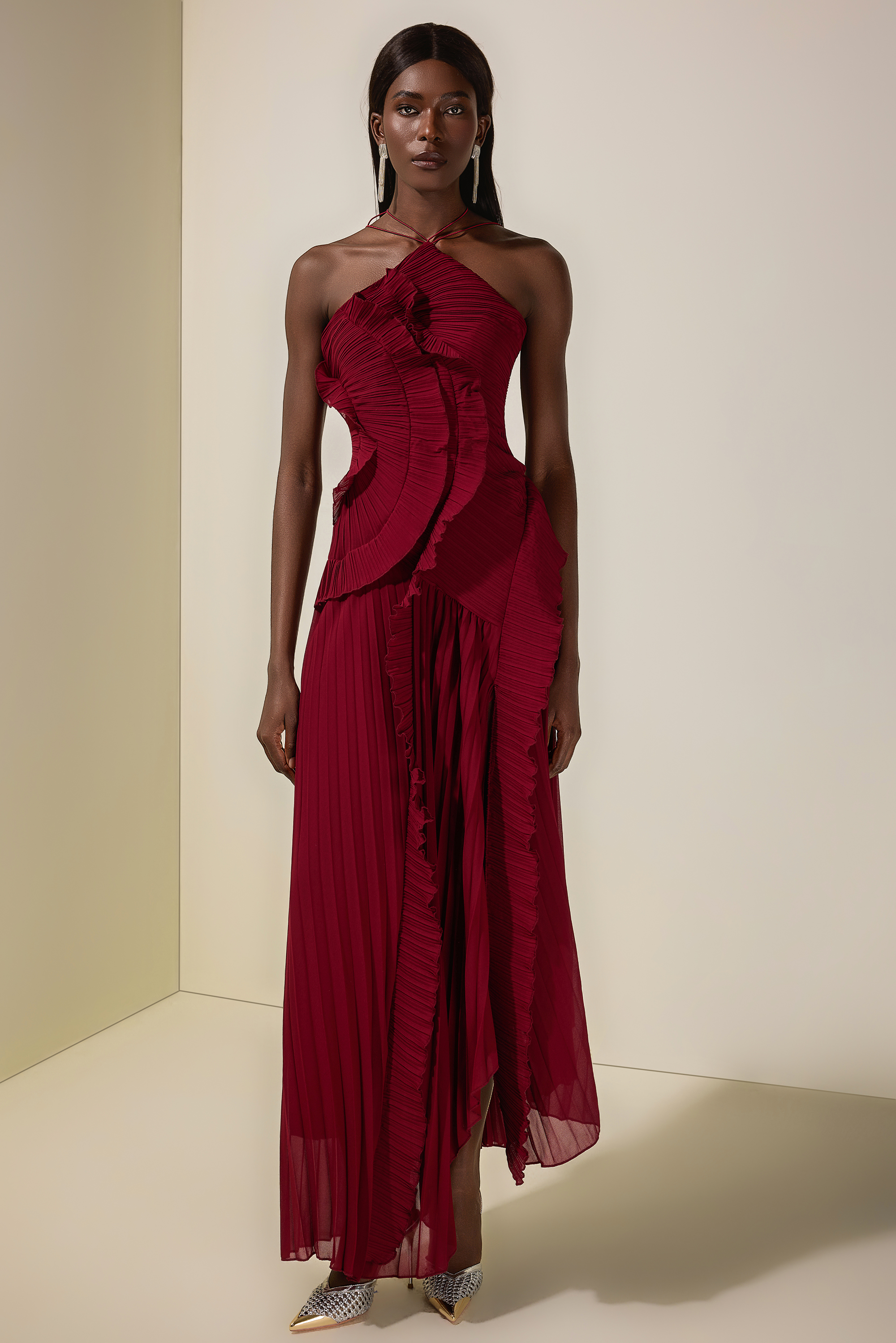 Pleated Frill Halter Neck Midi Dress