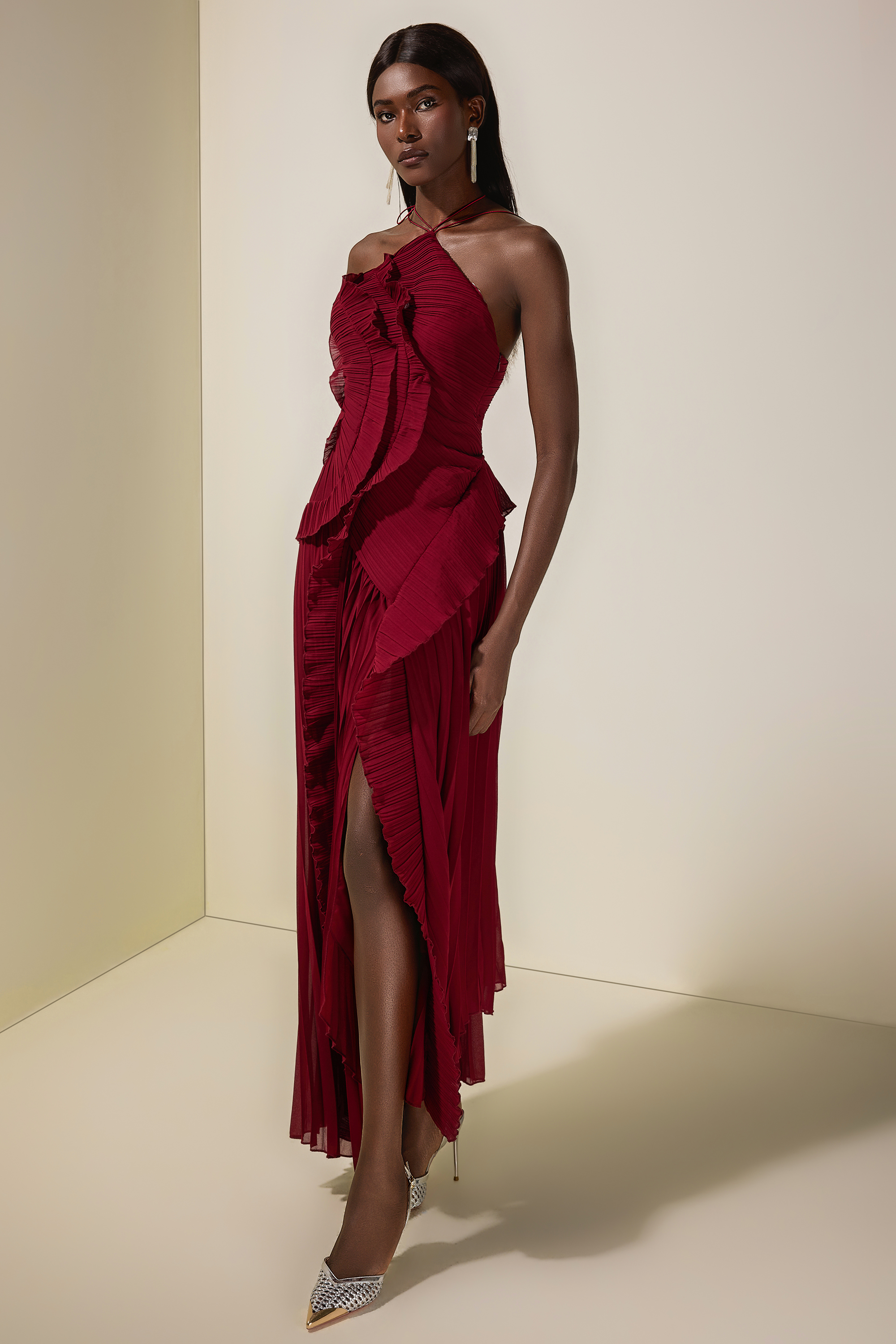 Pleated Frill Halter Neck Midi Dress