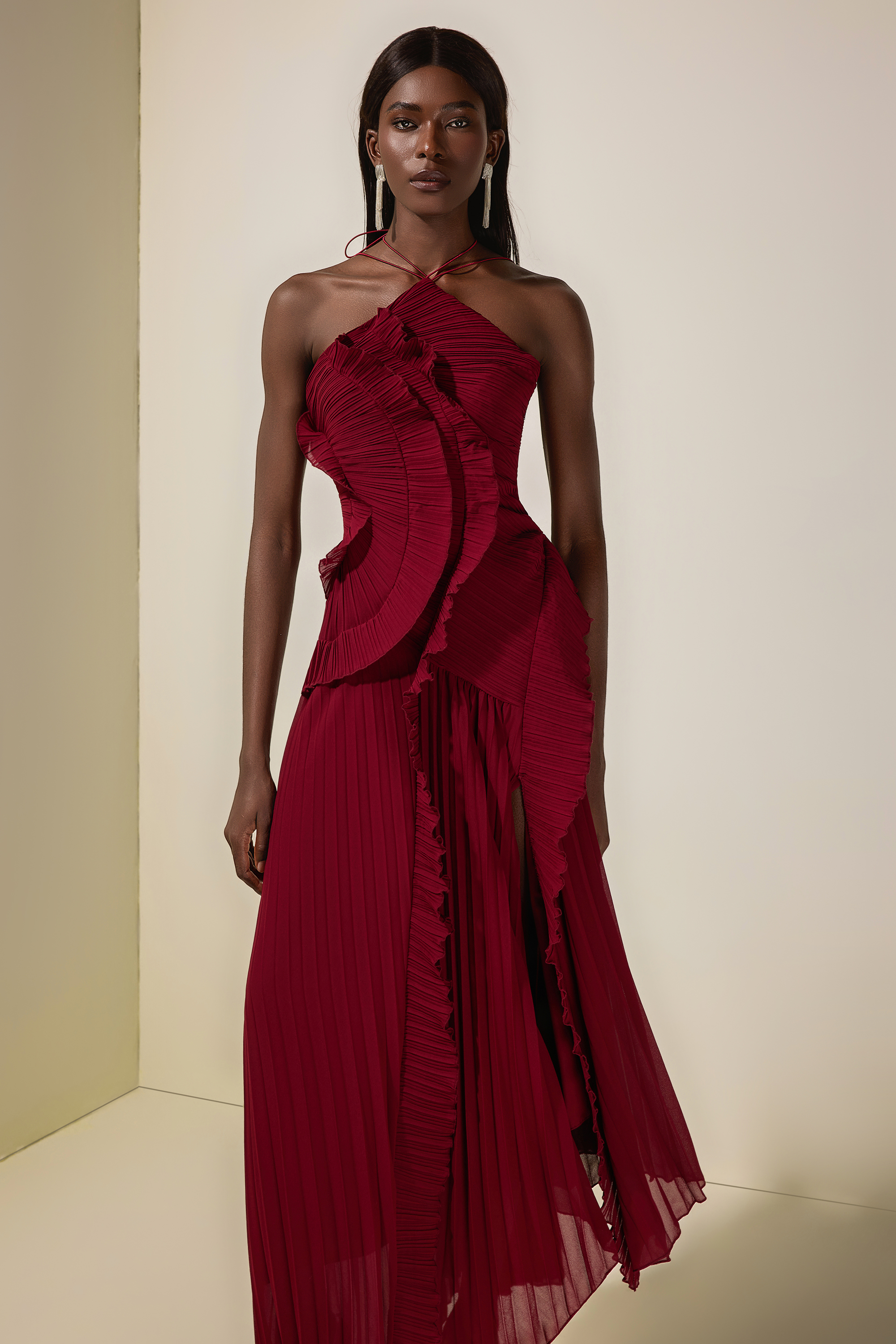 Pleated Frill Halter Neck Midi Dress