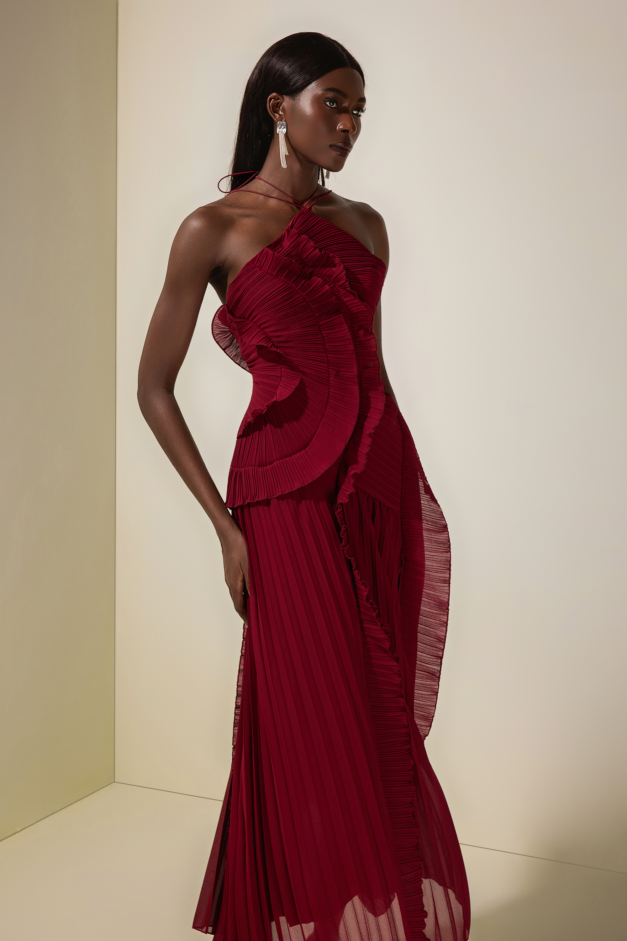 Pleated Frill Halter Neck Midi Dress