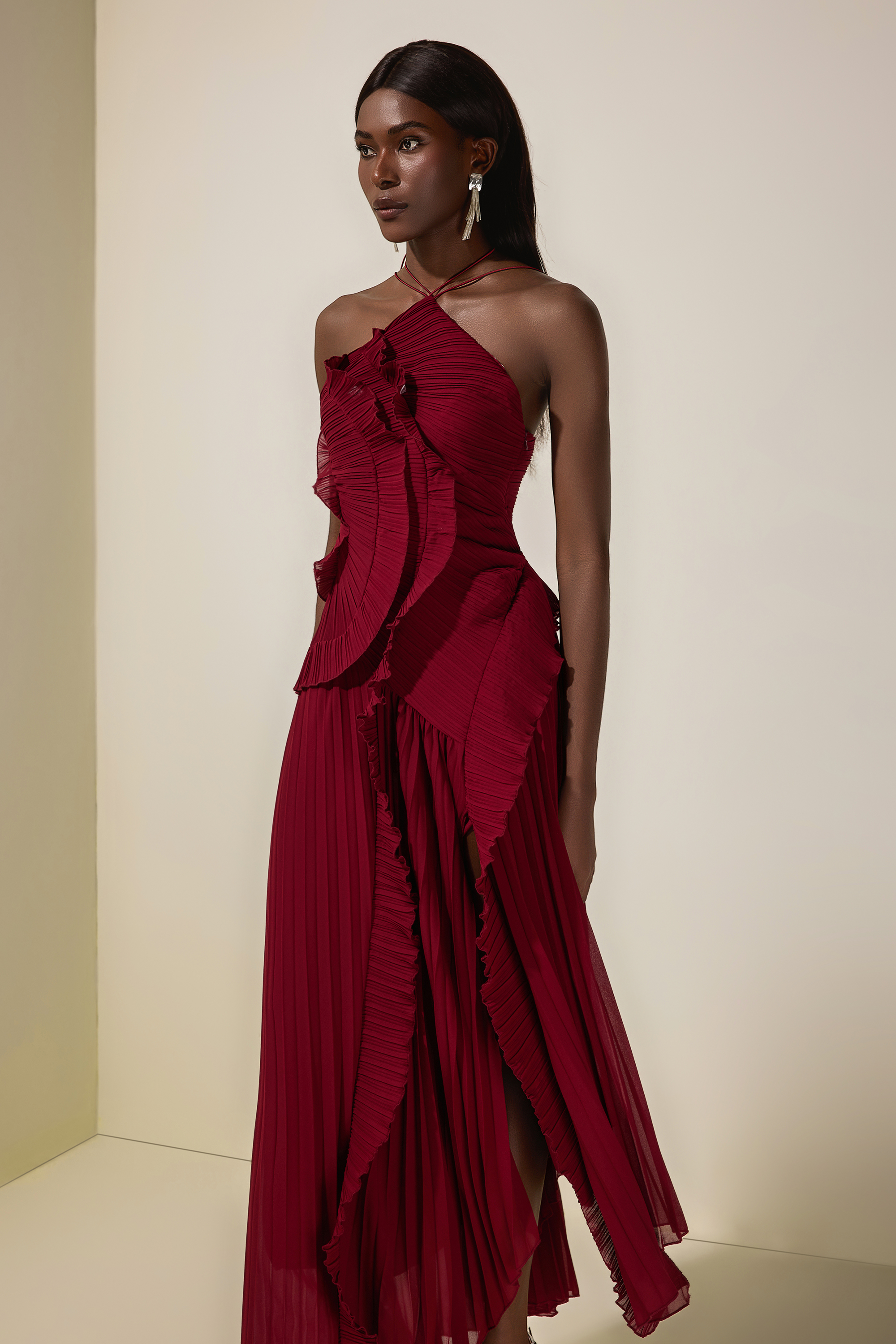Pleated Frill Halter Neck Midi Dress – JardinVue