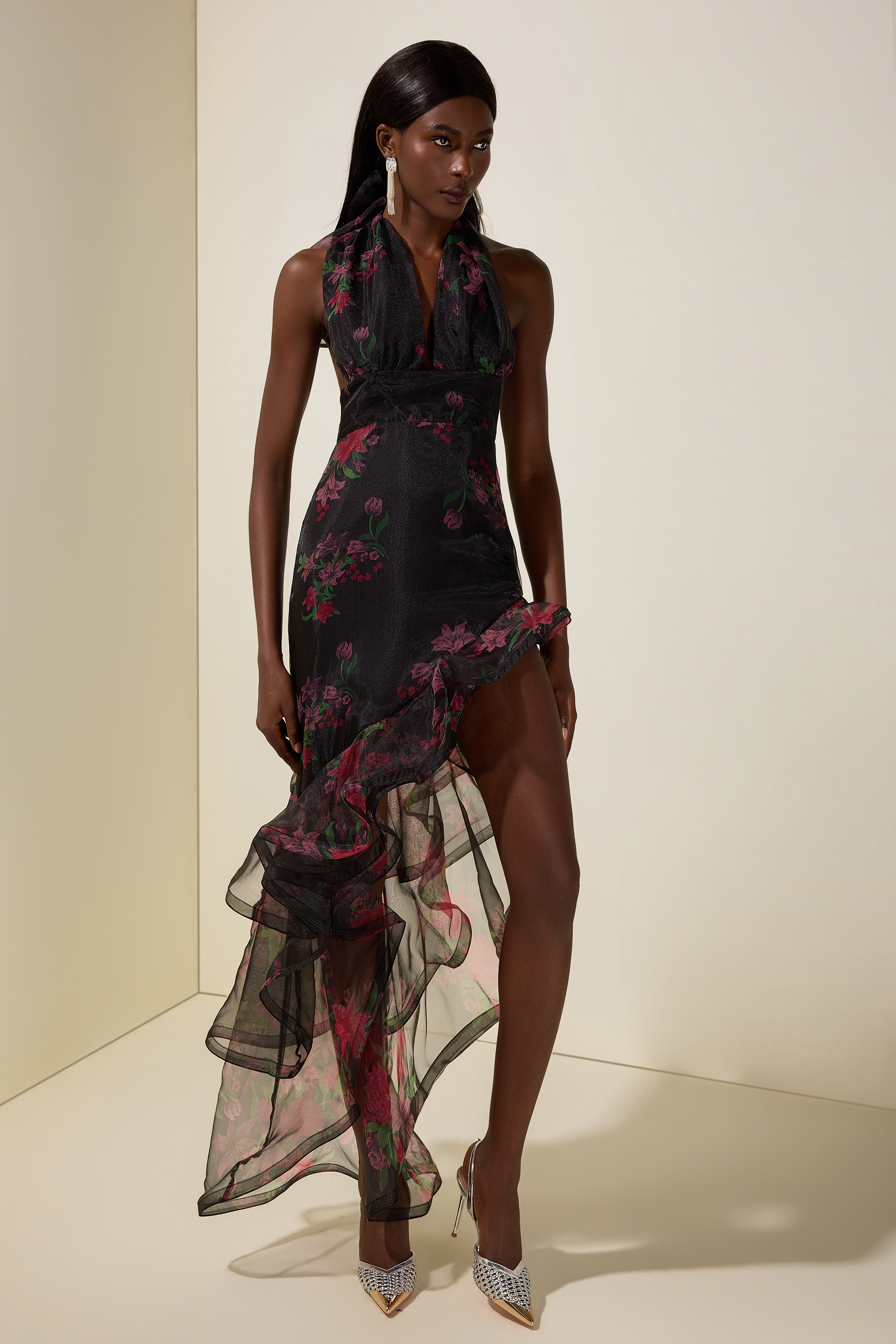 Floral Ruffle Halter Neck Midi Dress