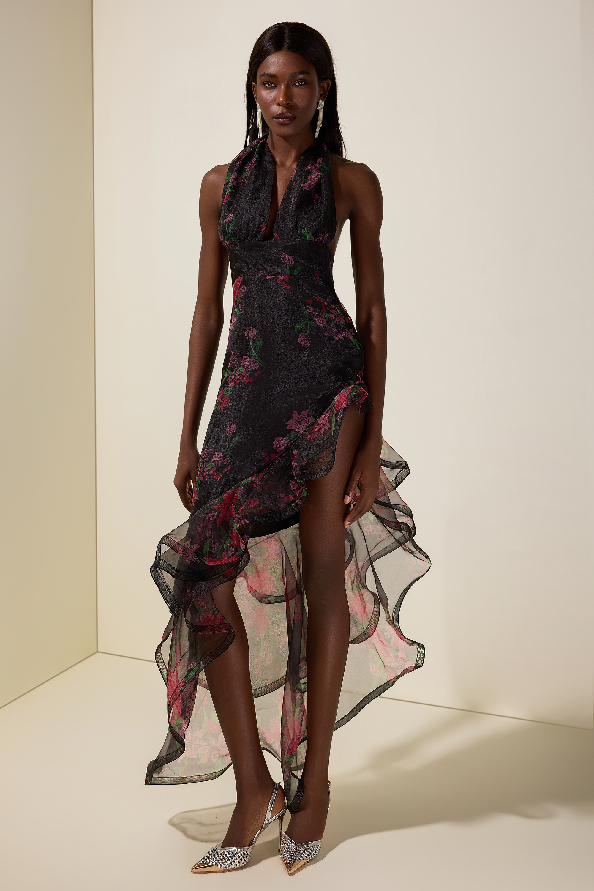 Floral Ruffle Halter Neck Midi Dress