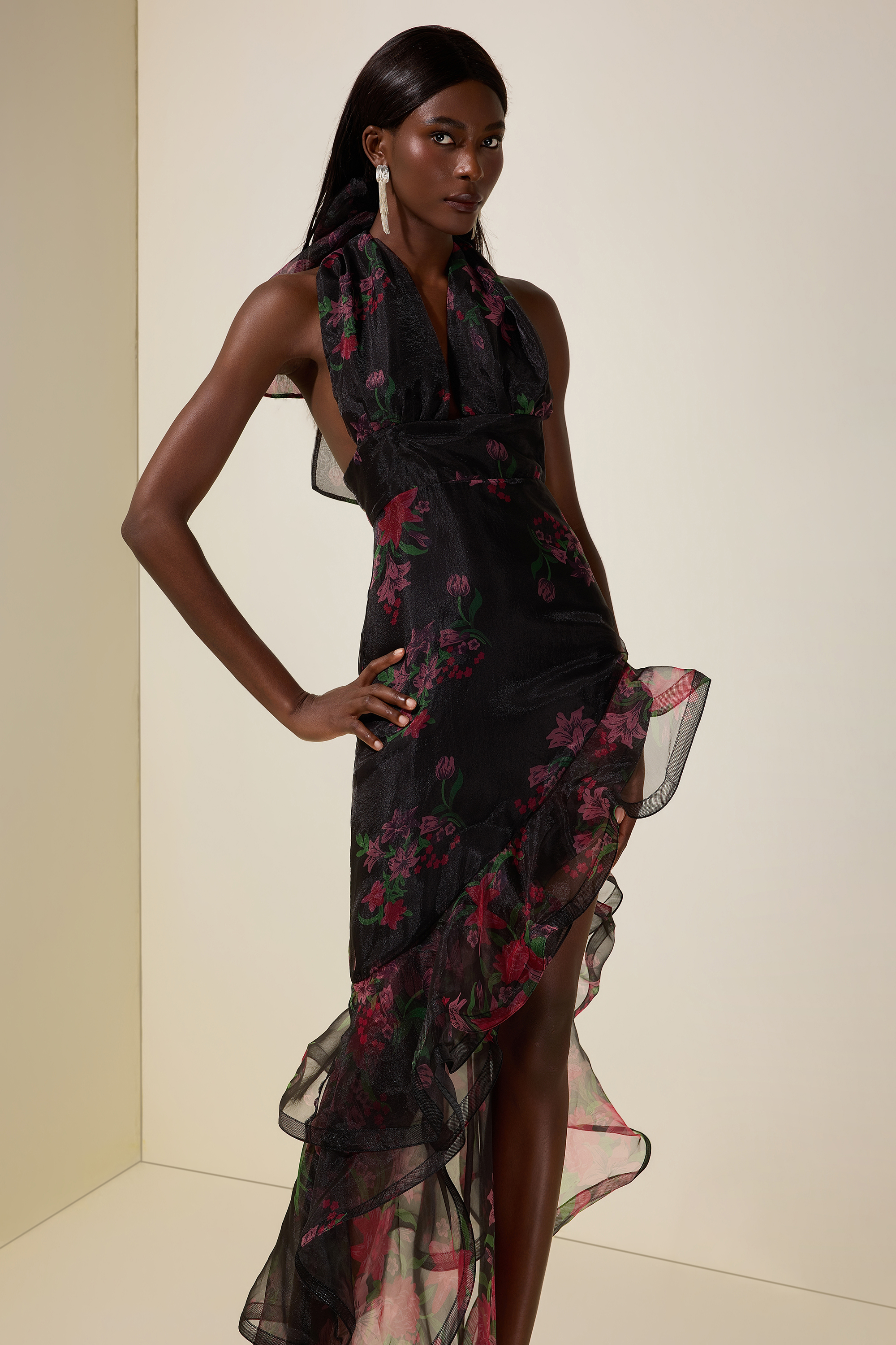 Floral Ruffle Halter Neck Midi Dress