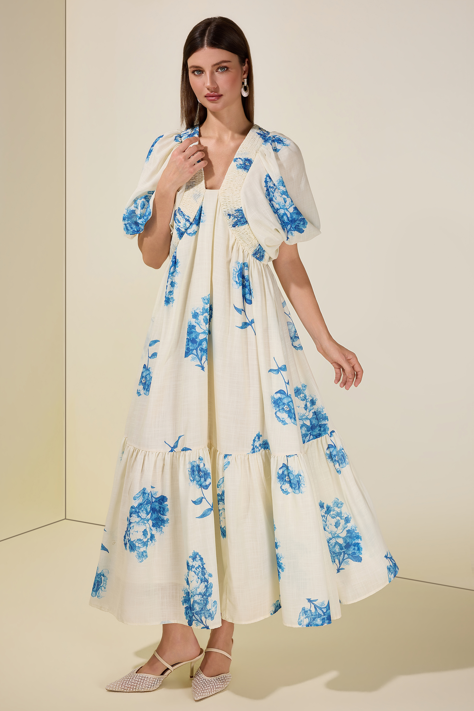 Botanical Print Smocking Puff Sleeve Midi Dress