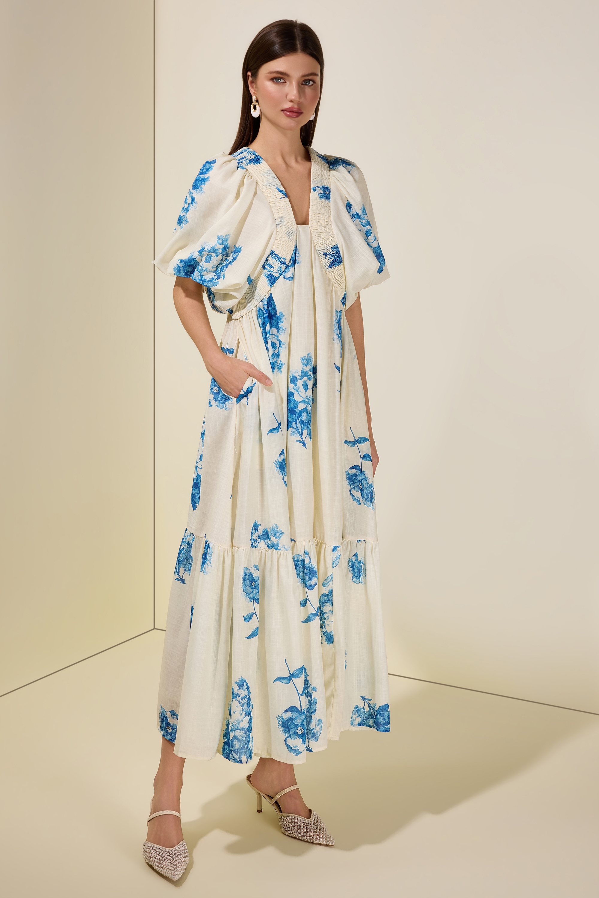 Botanical Print Smocking Puff Sleeve Midi Dress