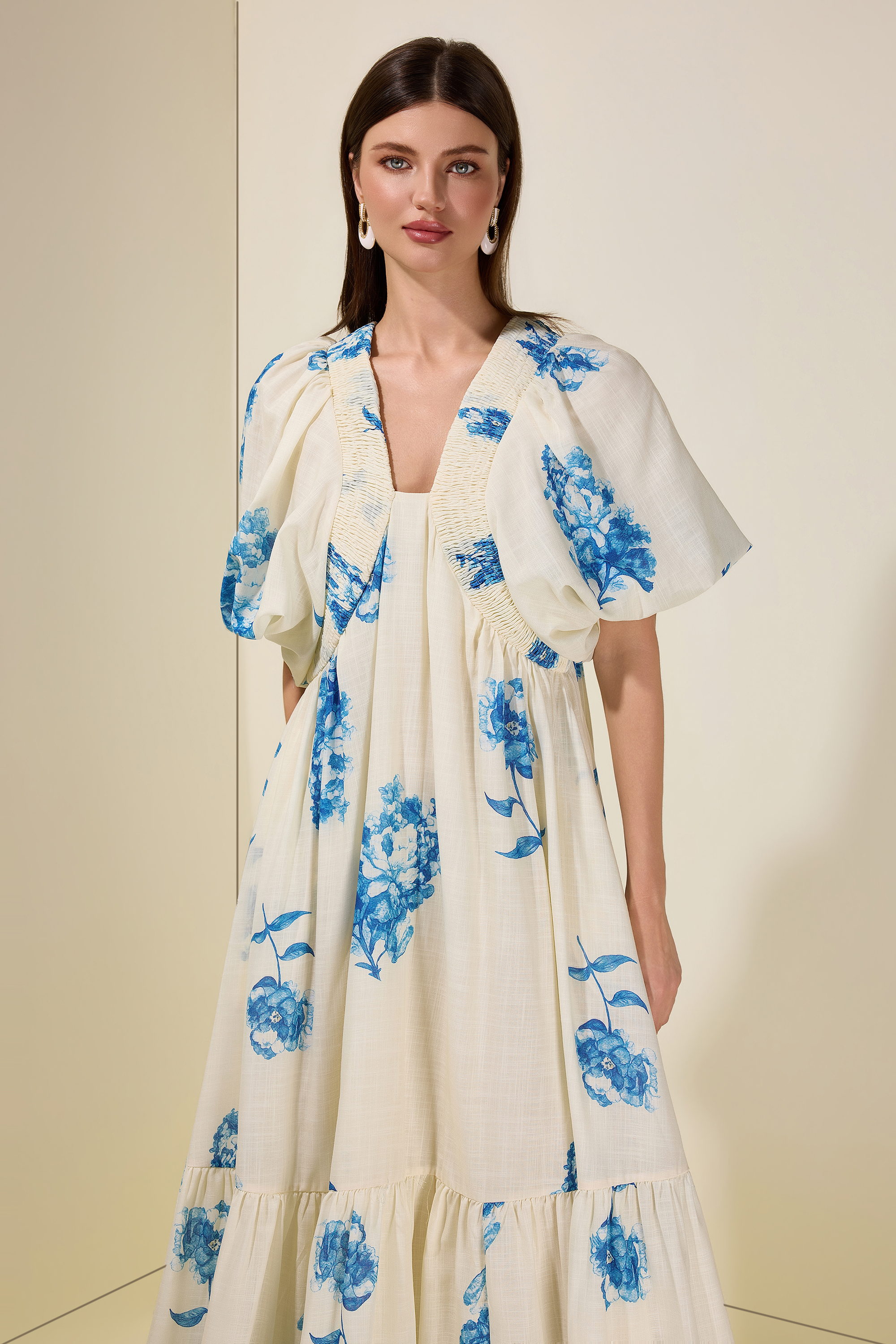 Botanical Print Smocking Puff Sleeve Midi Dress