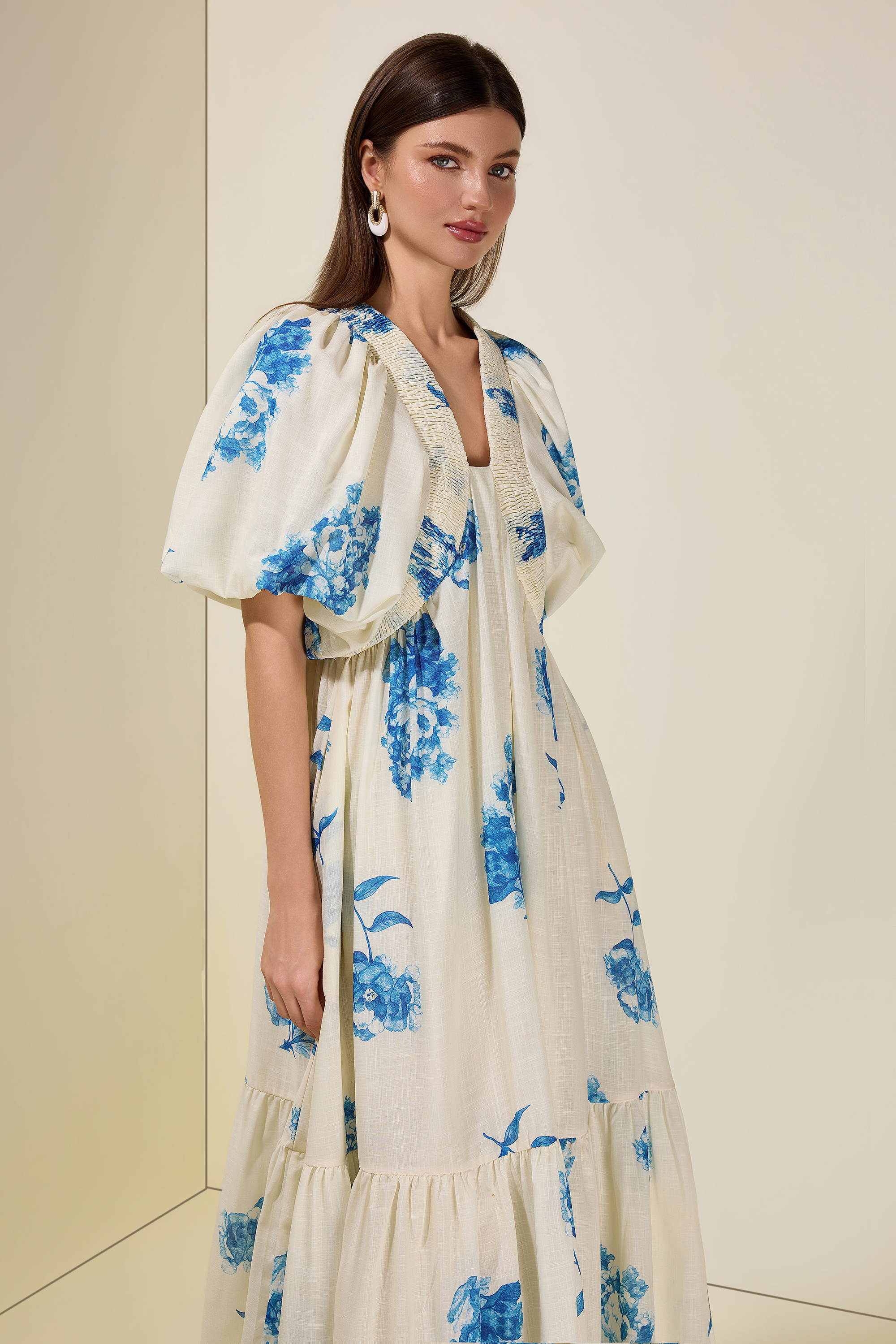 Botanical Print Smocking Puff Sleeve Midi Dress