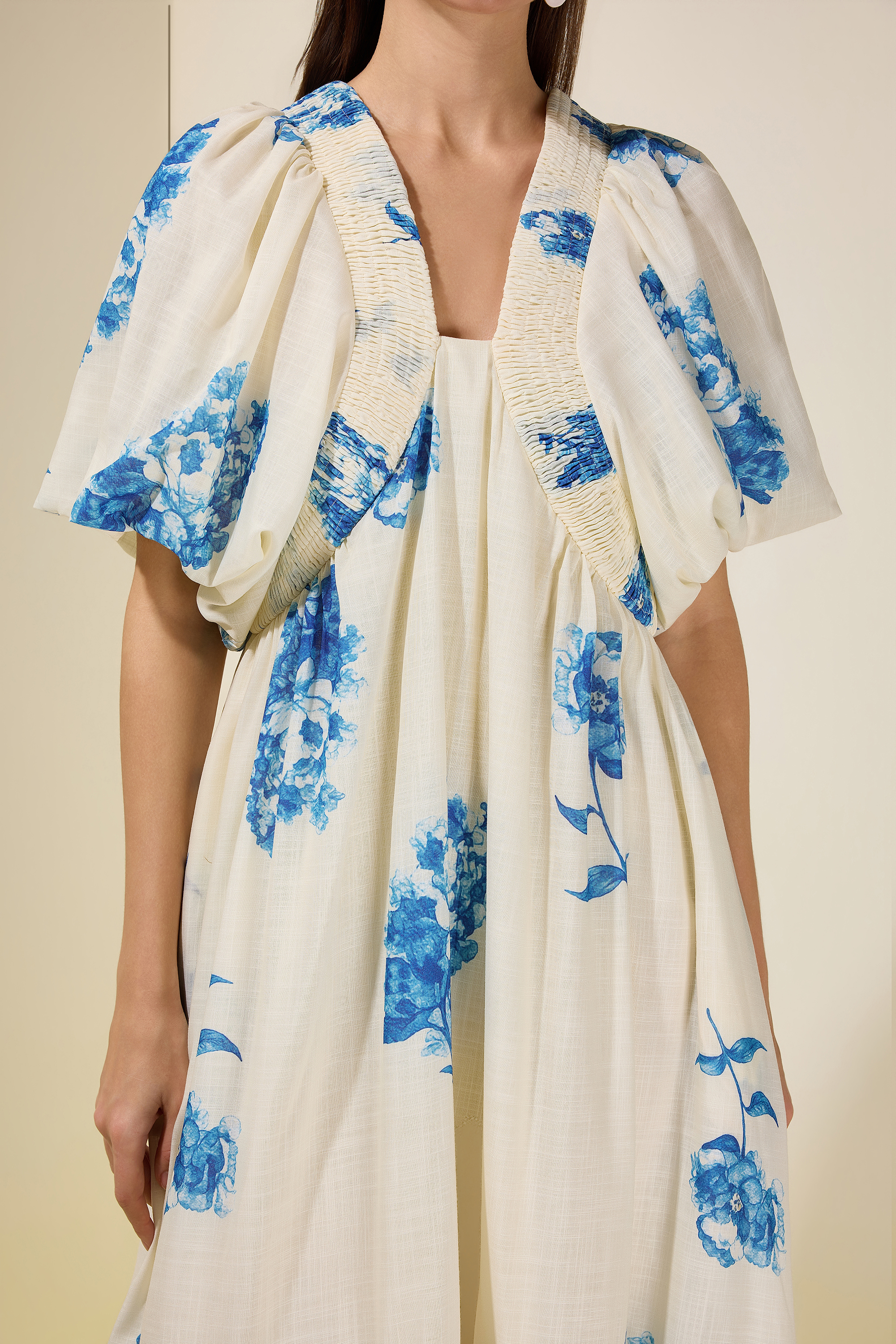 Botanical Print Smocking Puff Sleeve Midi Dress