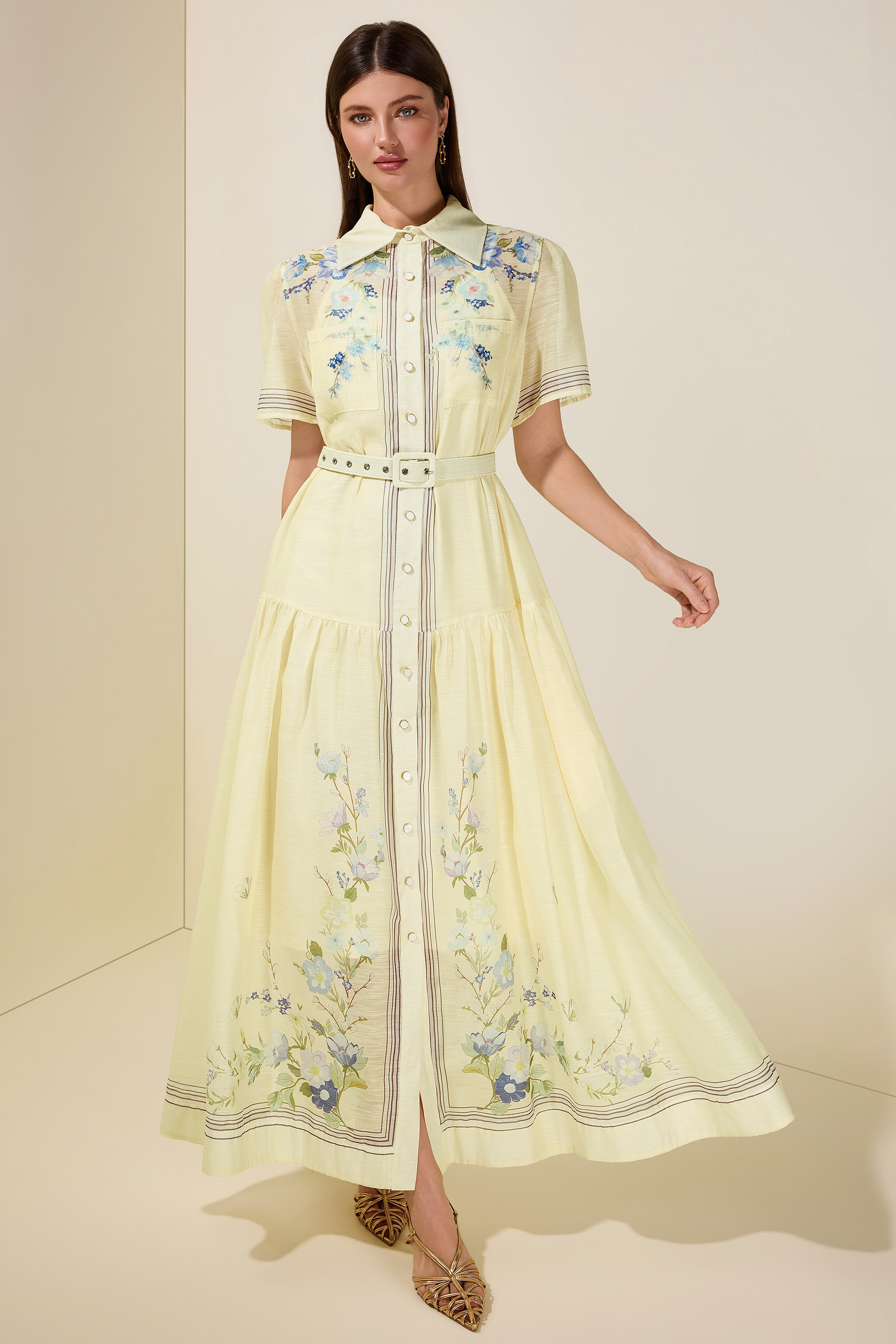 Floral Single Breasted Midi Dress With Belt