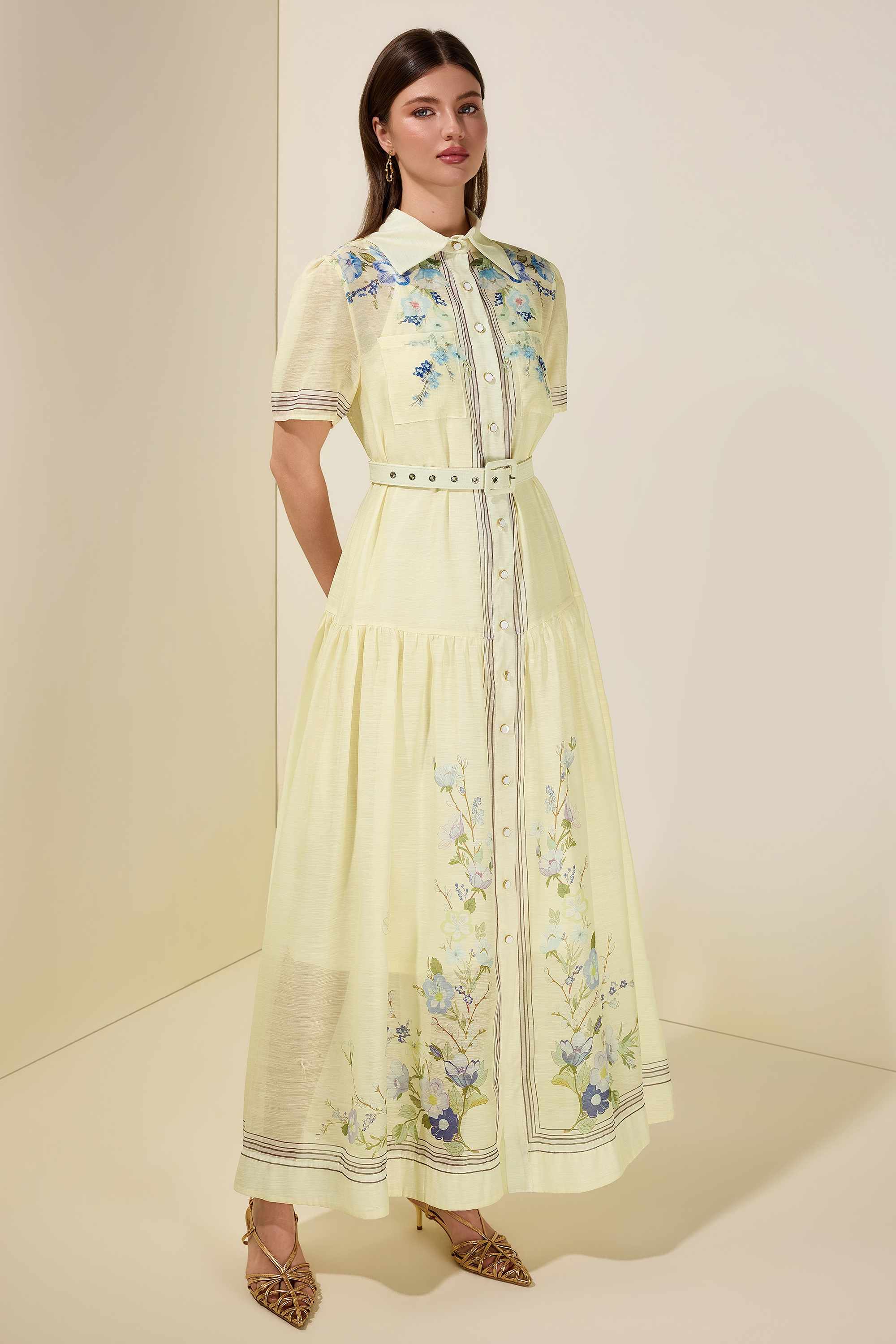 Floral Single Breasted Midi Dress With Belt