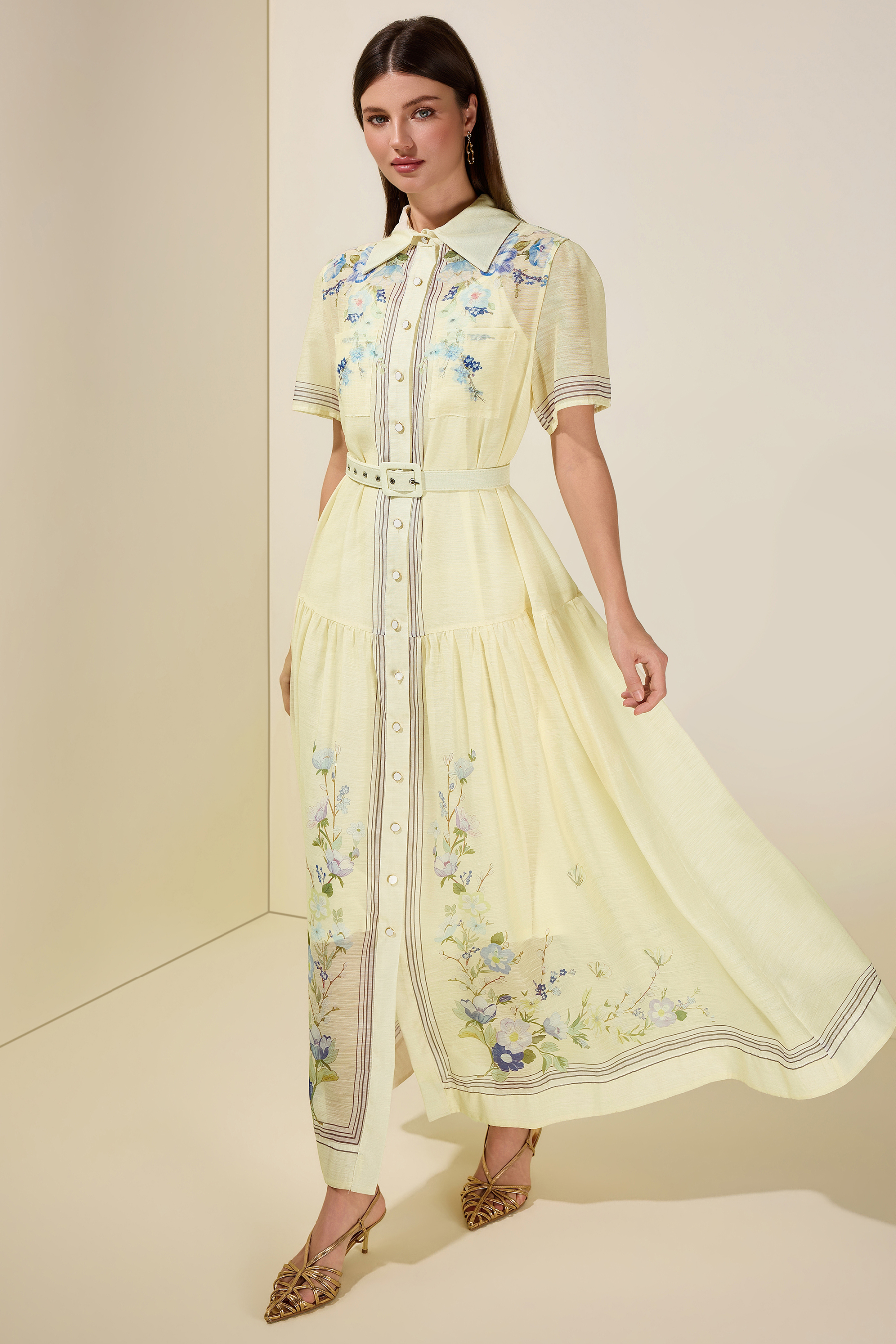 Floral Single Breasted Midi Dress With Belt