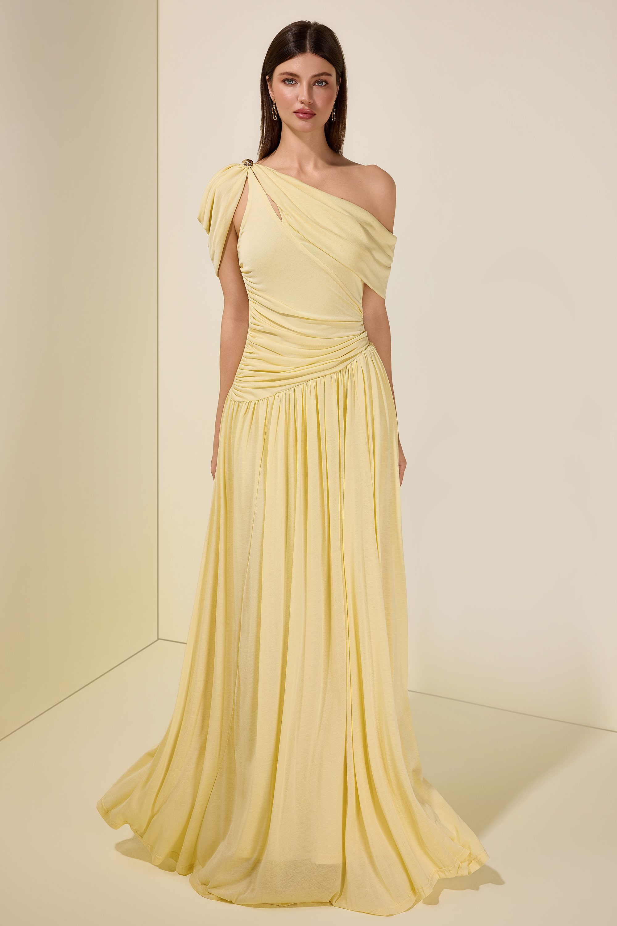 Solid One Shoulder Cape Sleeve Maxi Dress