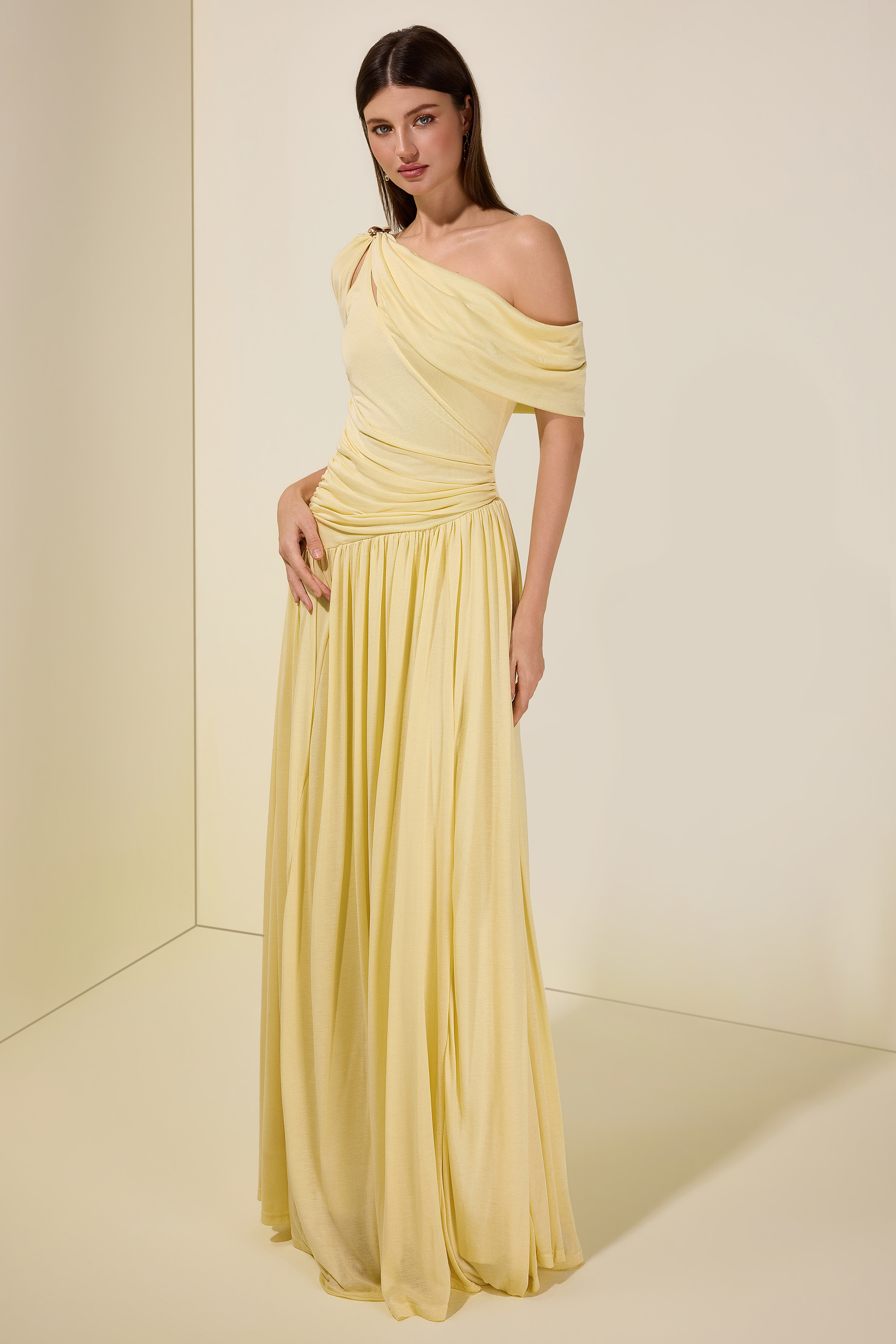 Solid One Shoulder Cape Sleeve Maxi Dress