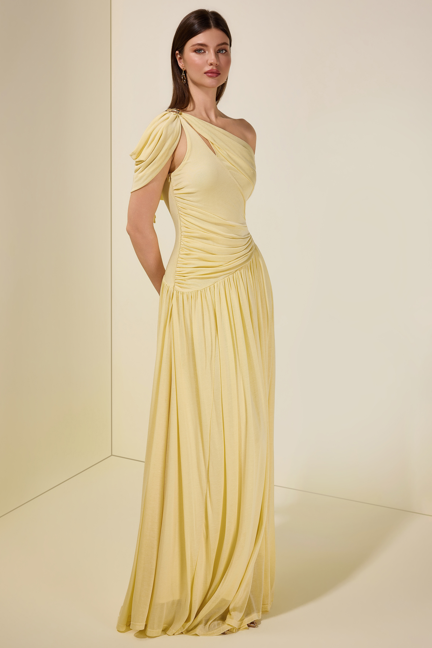 Solid One Shoulder Cape Sleeve Maxi Dress