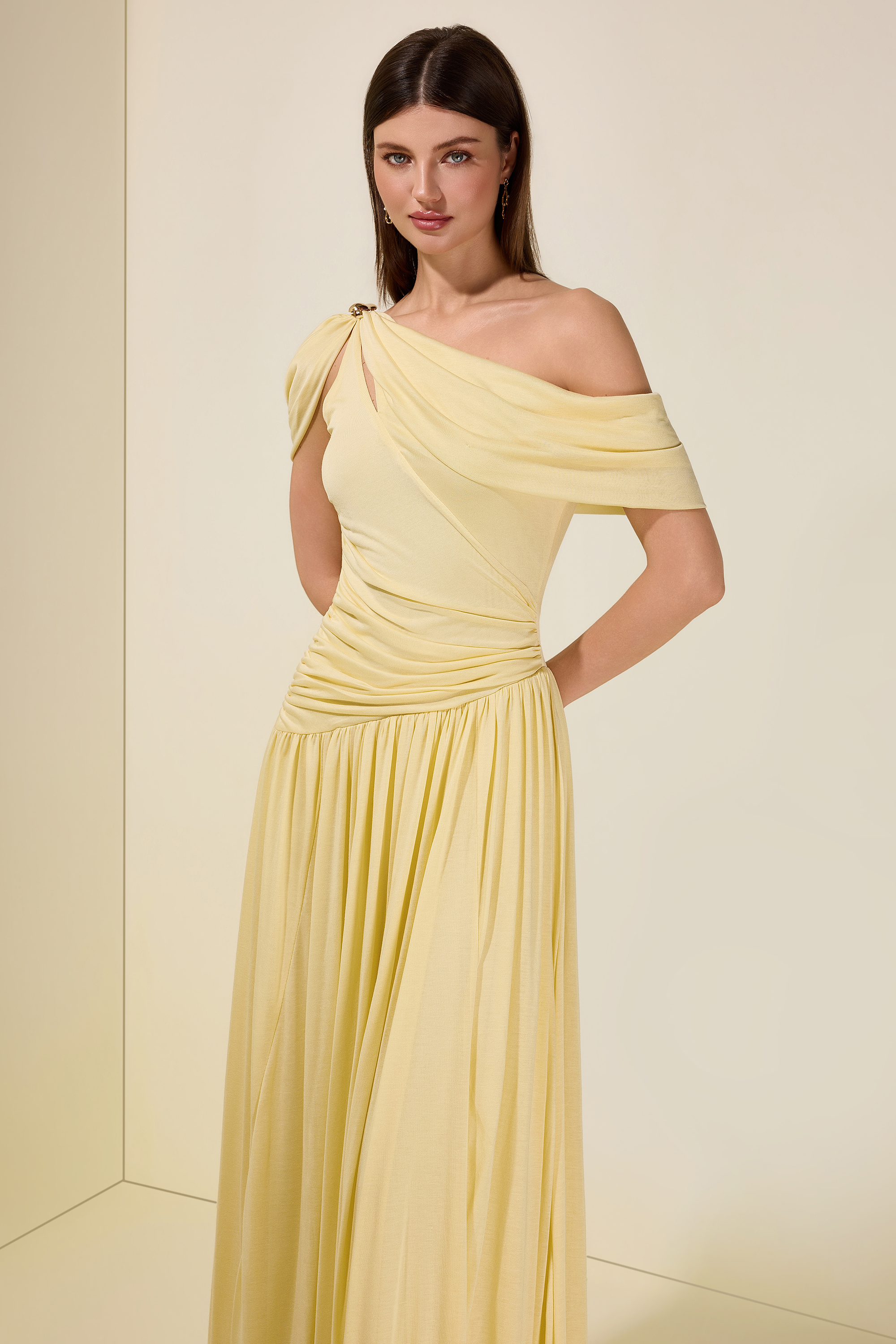 Solid One Shoulder Cape Sleeve Maxi Dress