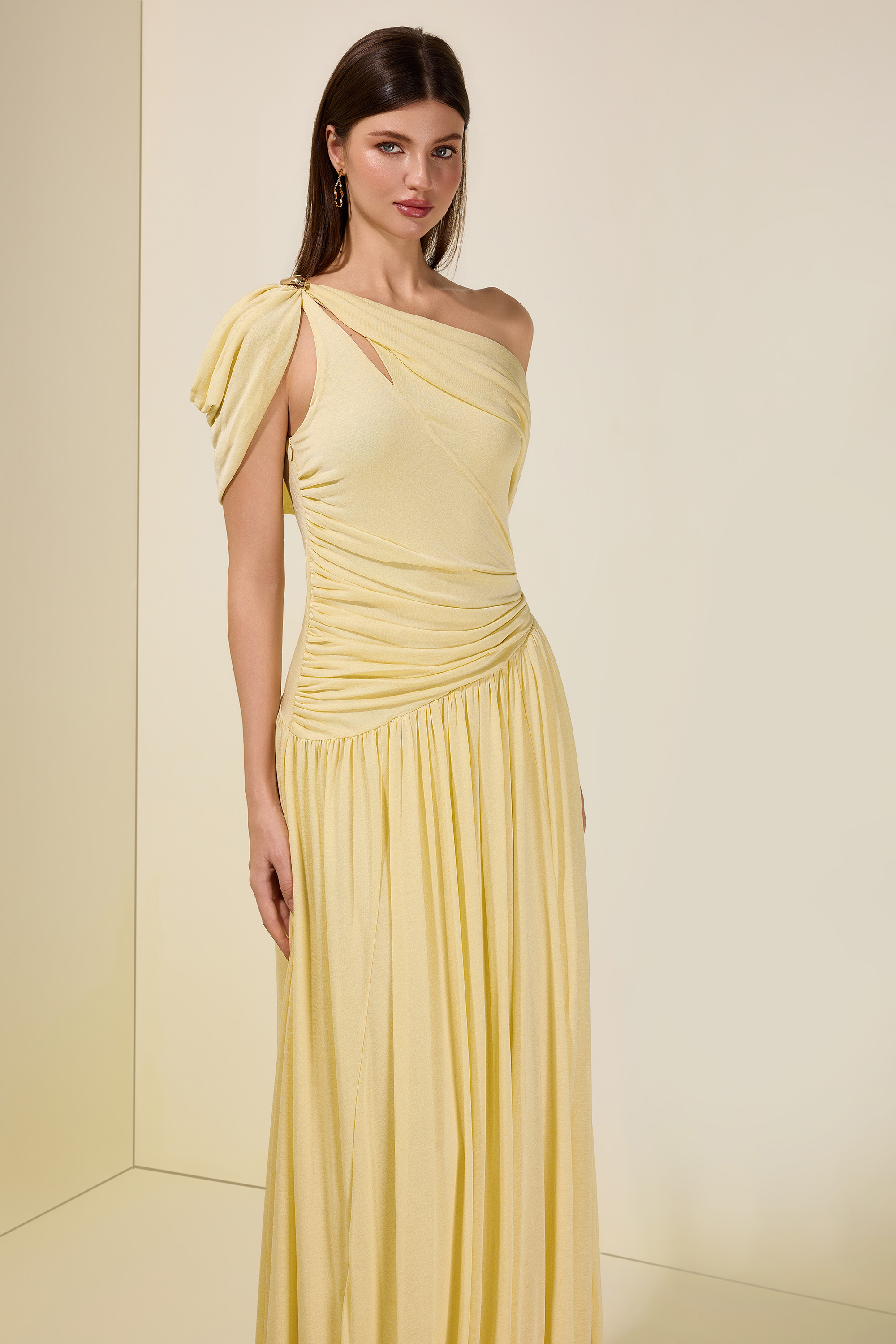 Solid One Shoulder Cape Sleeve Maxi Dress