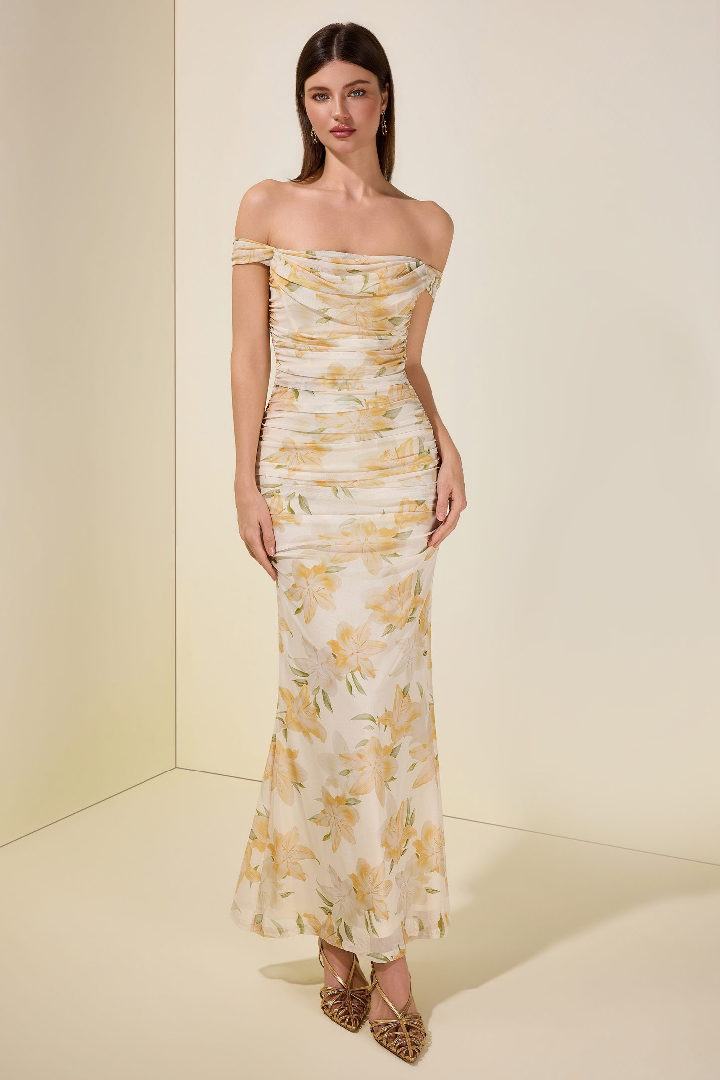 Mesh Floral Gathering Midi Dress