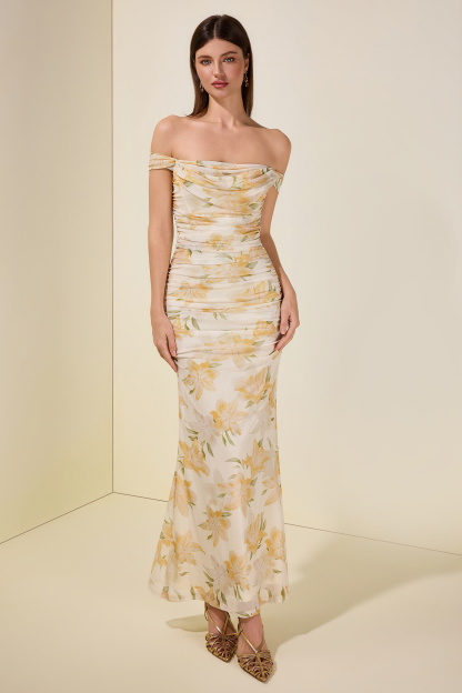 Mesh Floral Gathering Midi Dress
