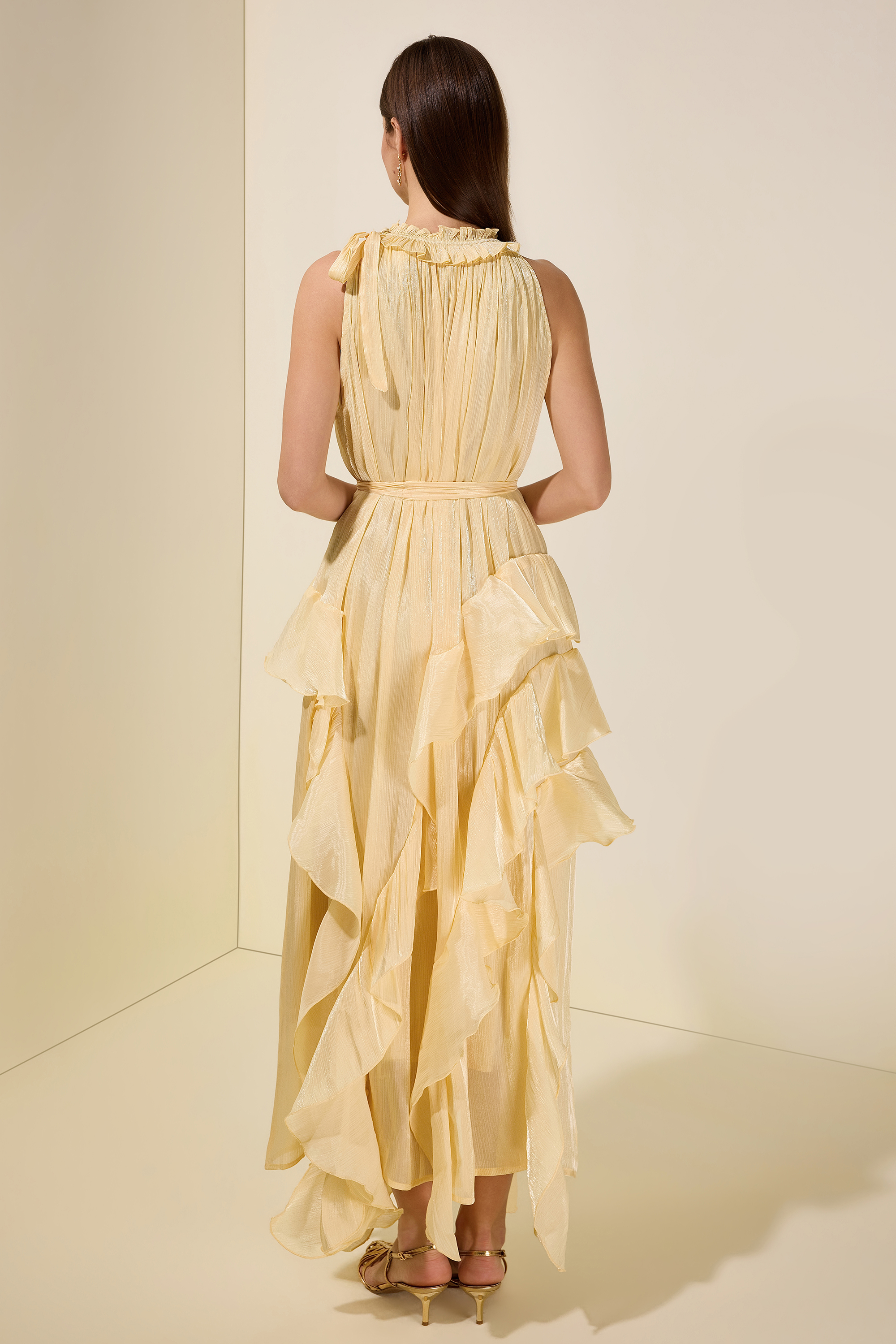knee length dresses for ladies Doux Yellow Ruffled Trim Pleated Midi Dress, L / Yellow main image 0