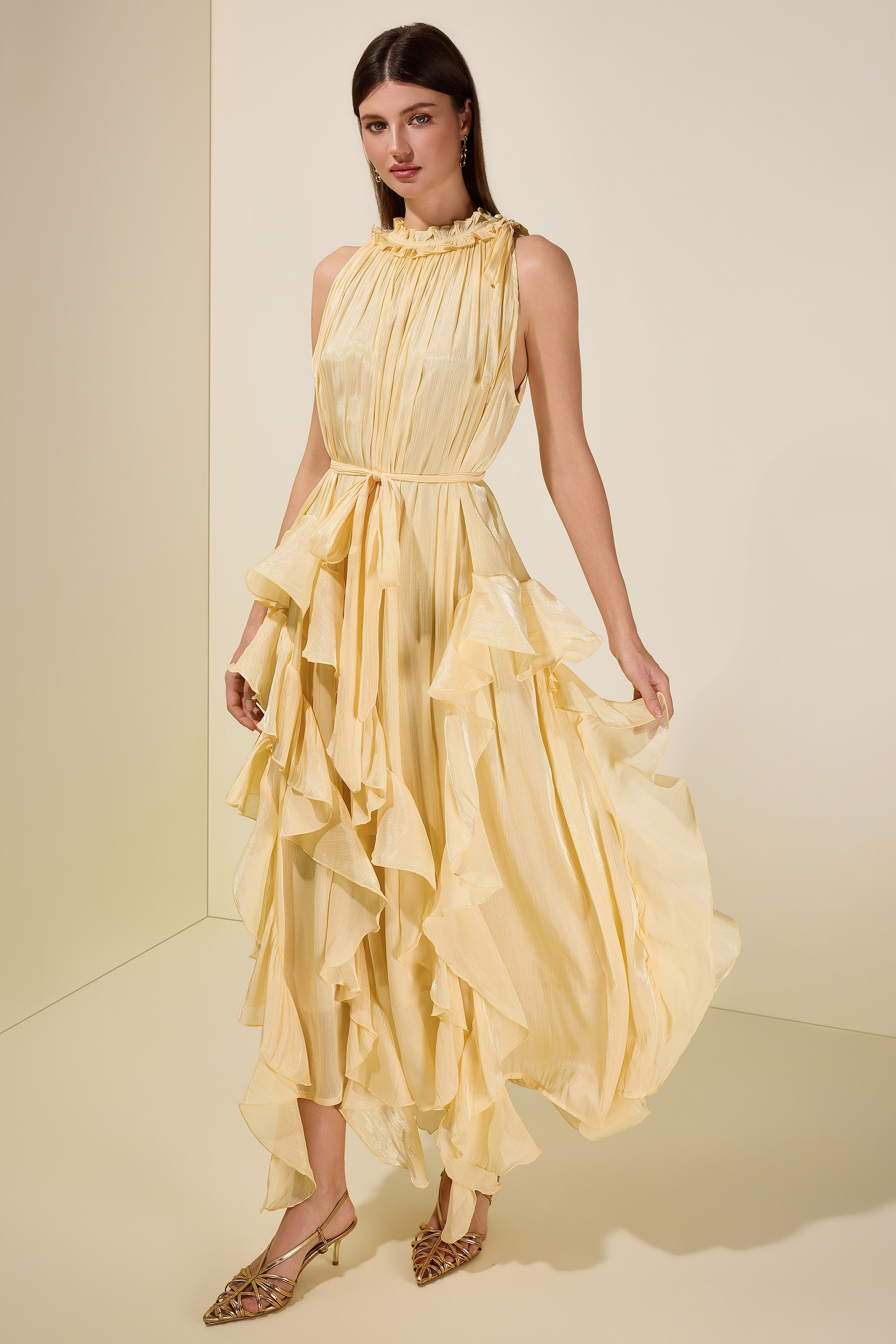 Satin Halter Neck Ruffle Midi Dress
