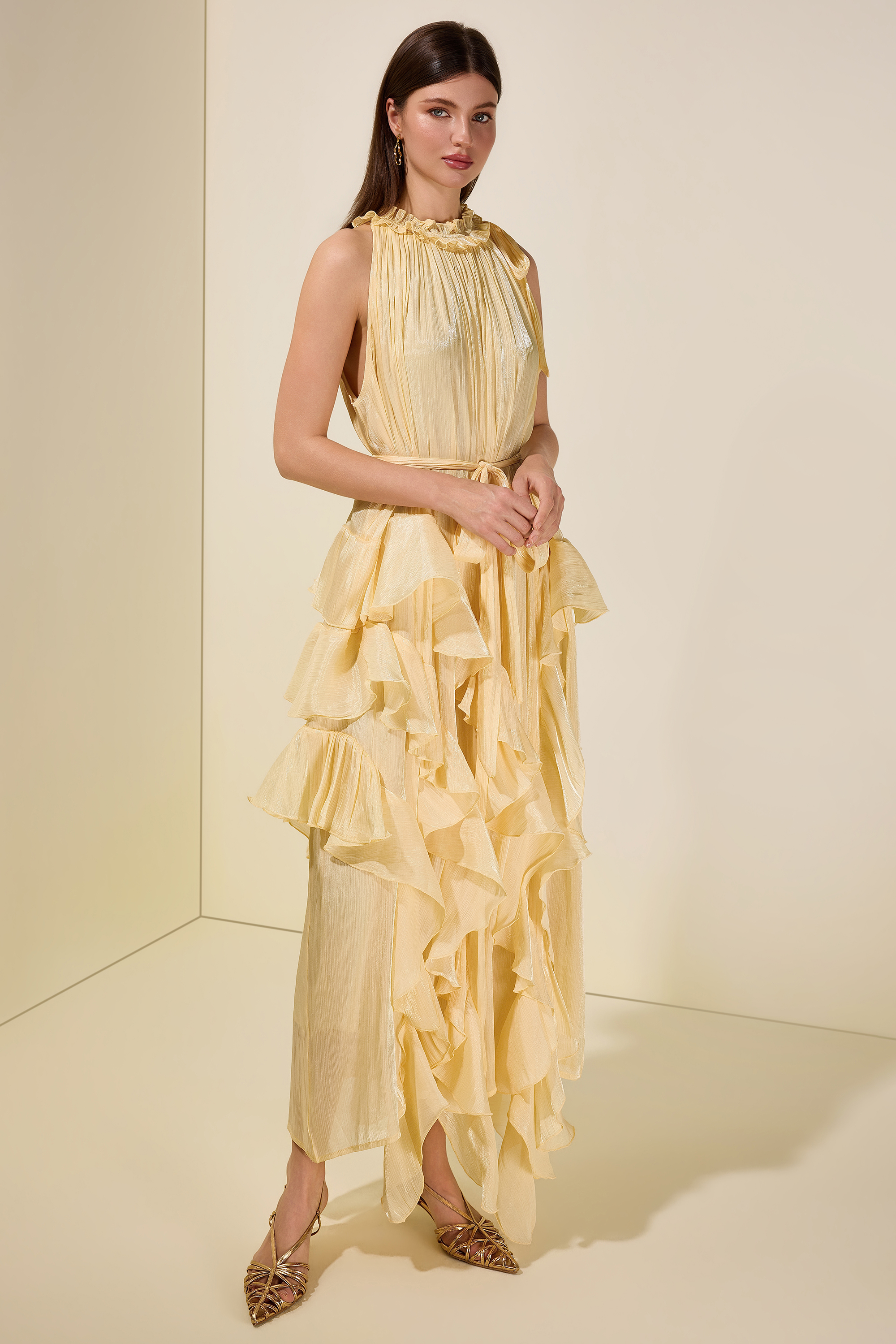 Satin Halter Neck Ruffle Midi Dress