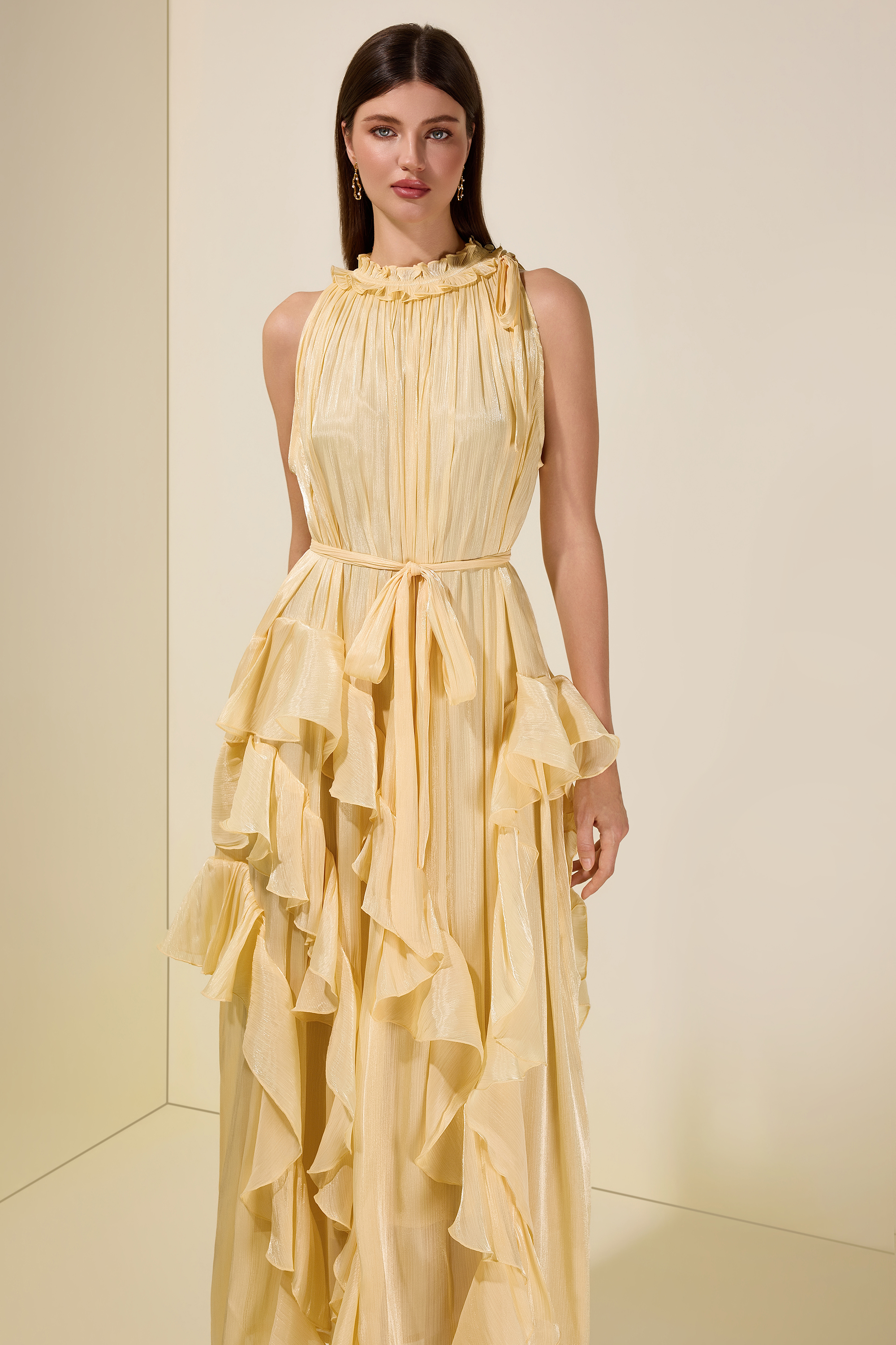 Satin Halter Neck Ruffle Midi Dress