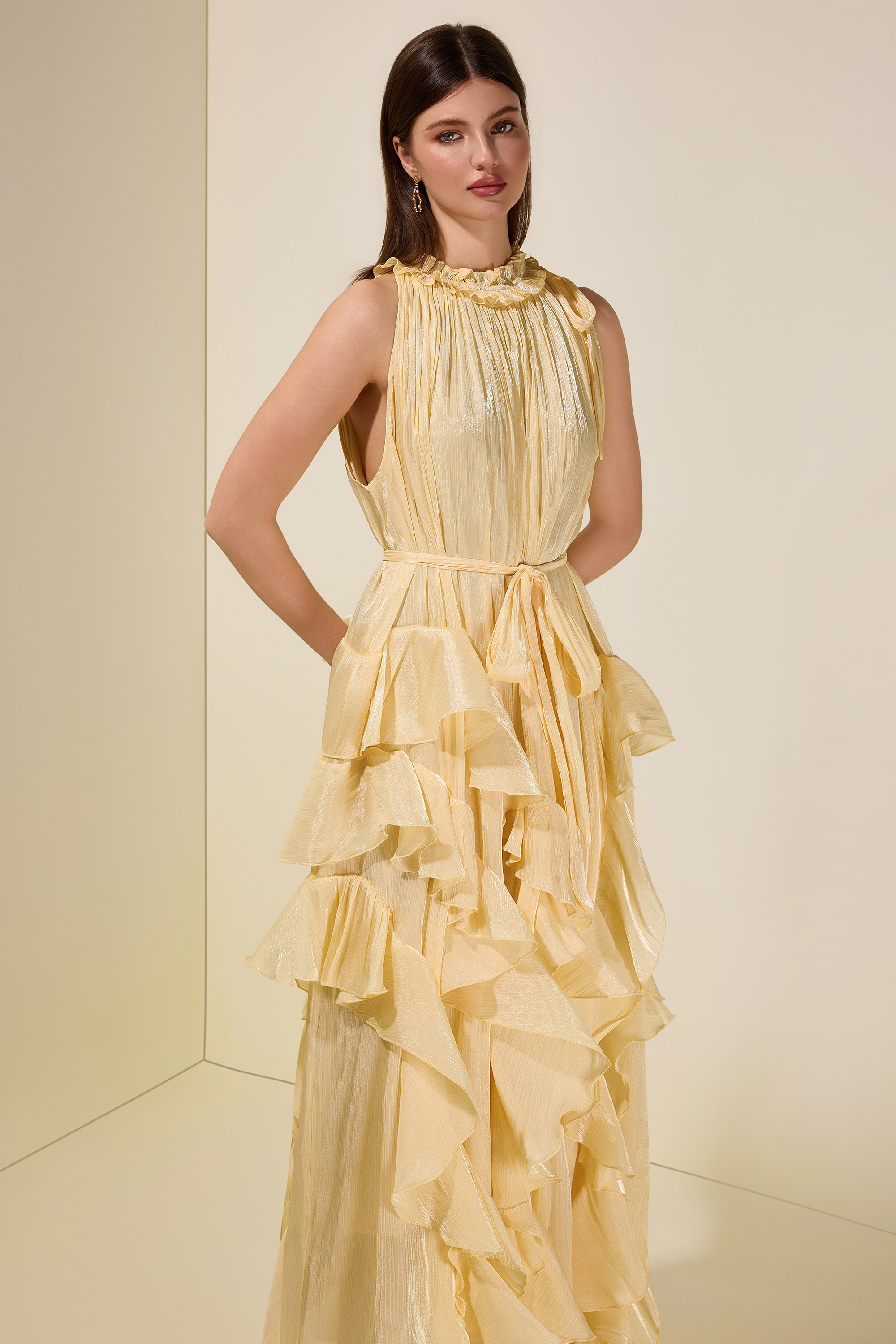 Satin Halter Neck Ruffle Midi Dress