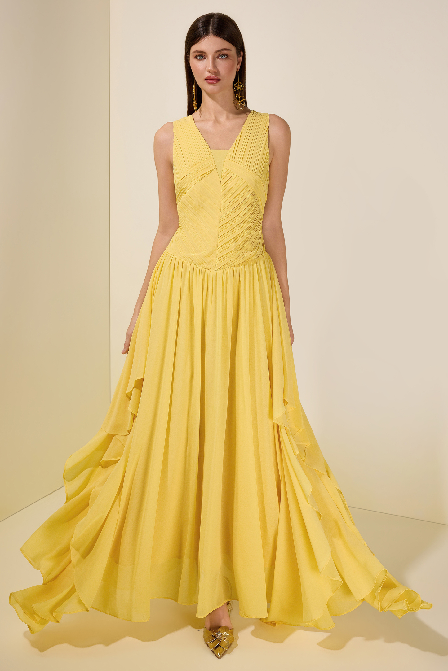 Chiffon Pleated Smocking Maxi Dress
