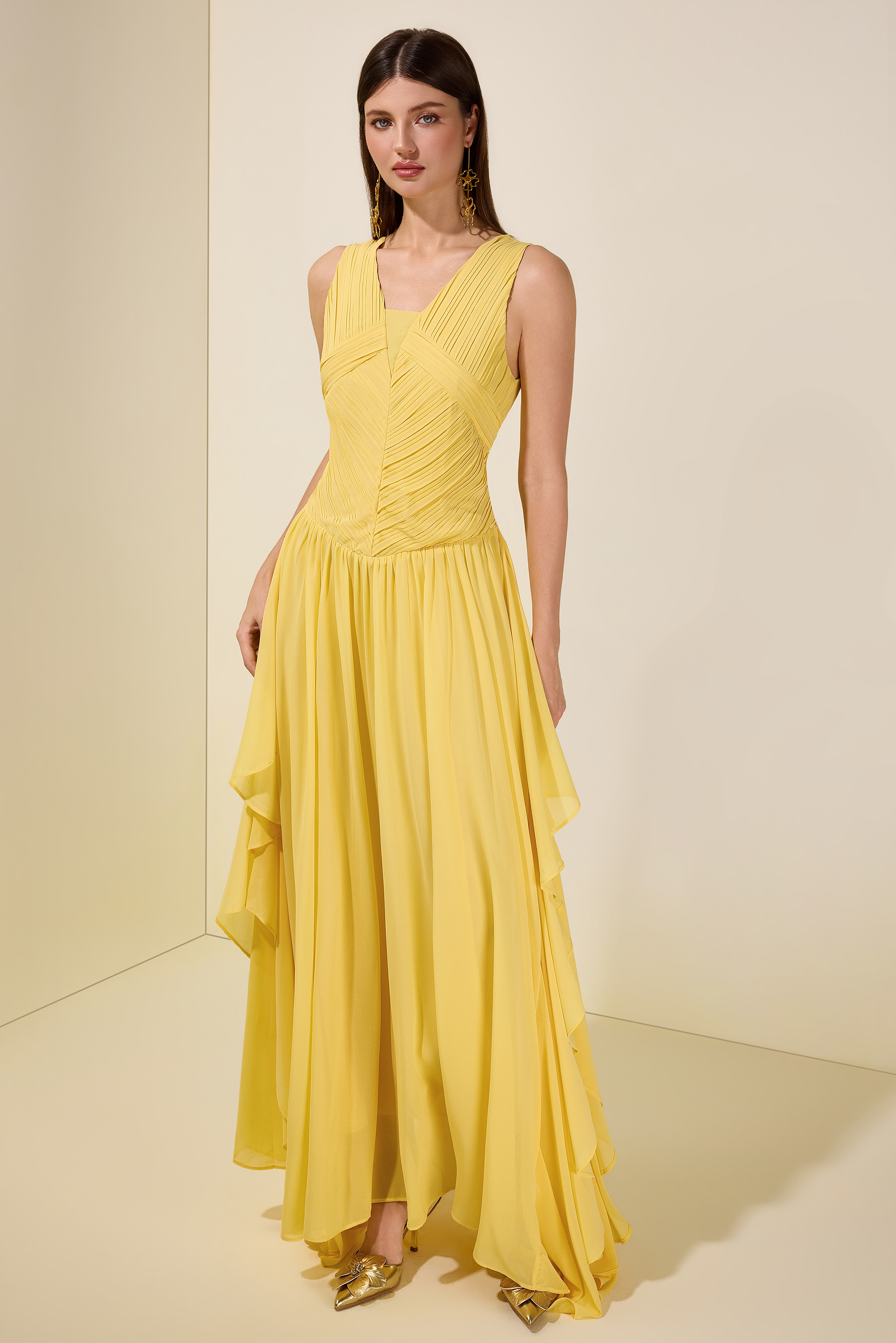 Chiffon Pleated Smocking  Maxi Dress
