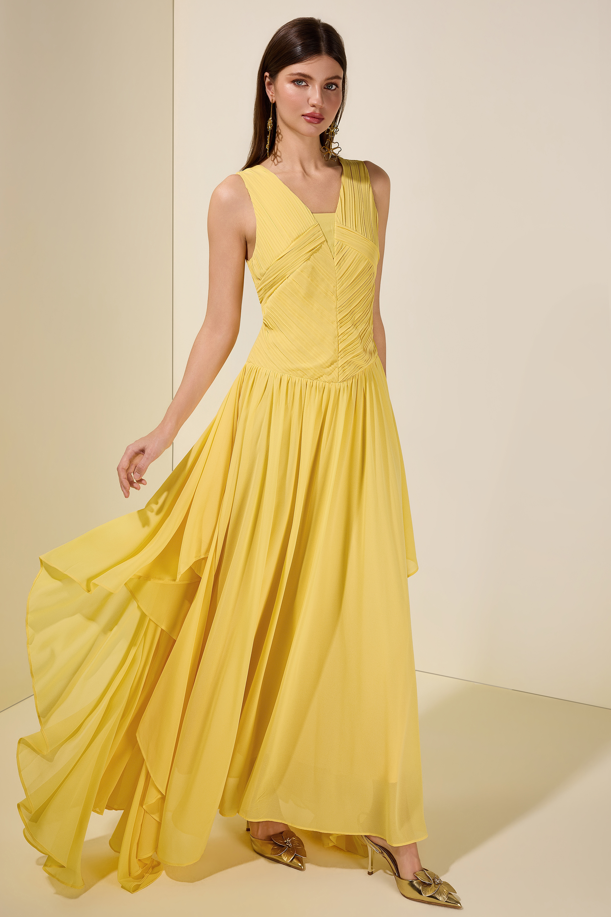 Chiffon Pleated Smocking  Maxi Dress