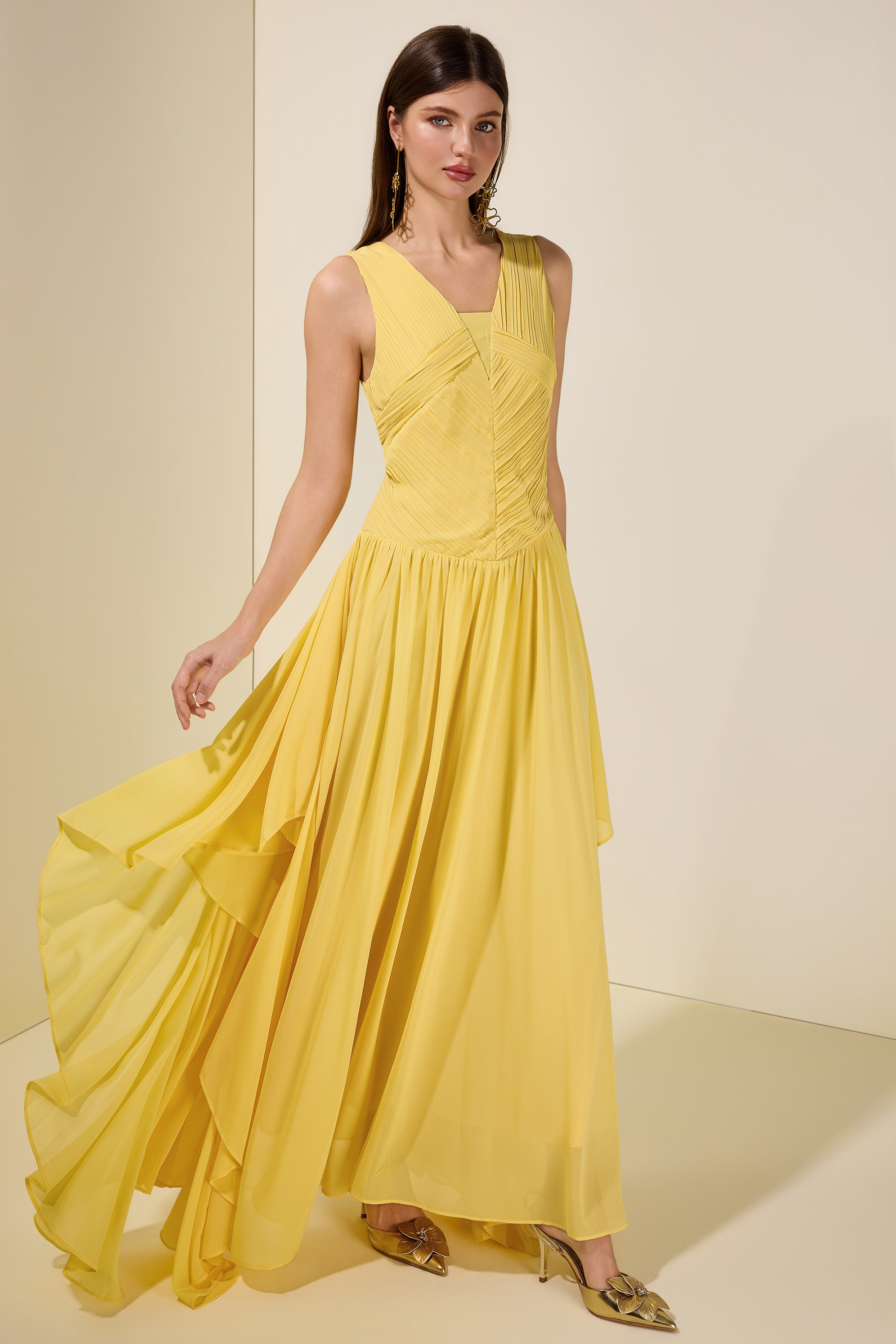 Chiffon Pleated Smocking  Maxi Dress