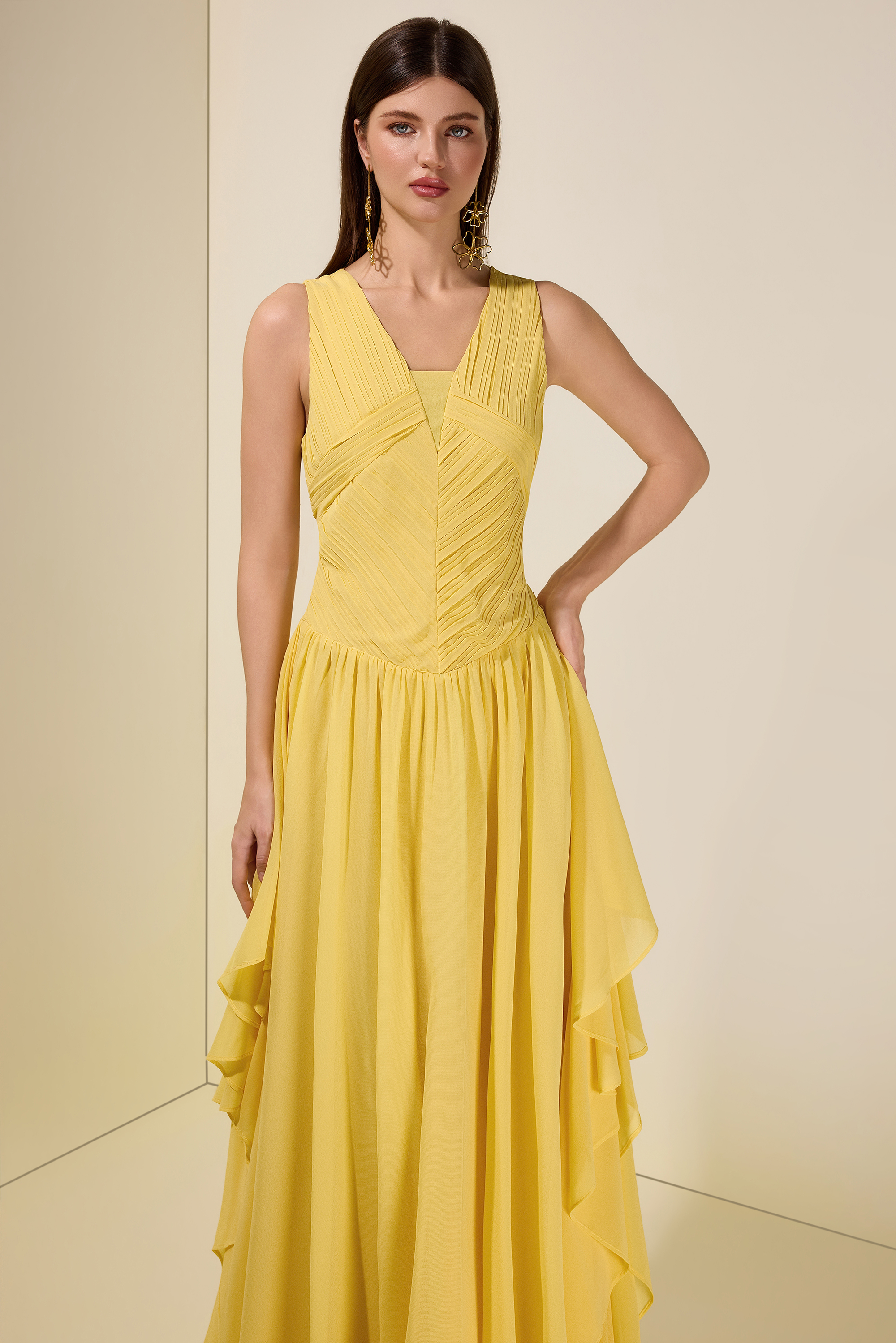 Chiffon Pleated Smocking  Maxi Dress