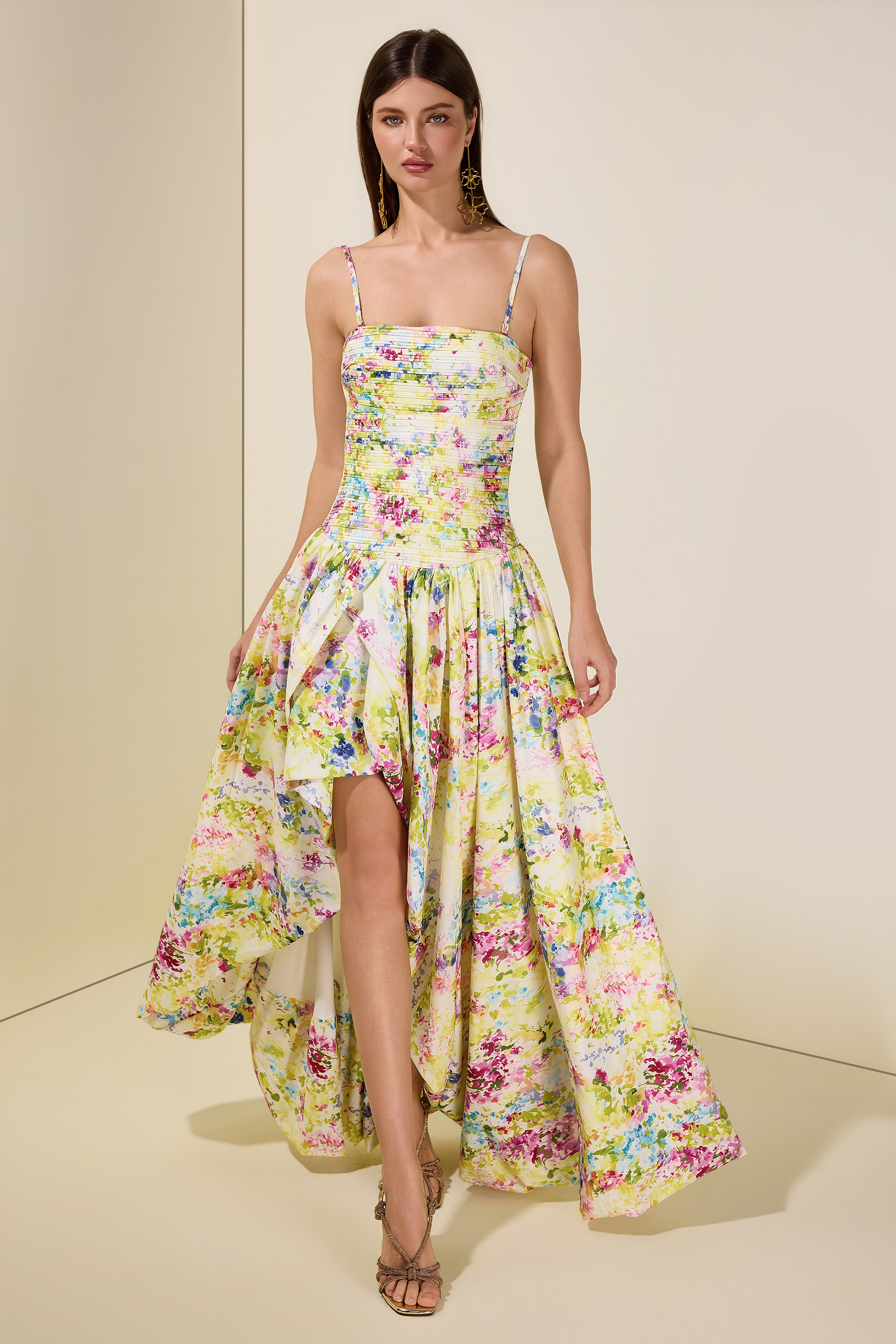 Floral Pleated Smocking Slit Maxi Dress
