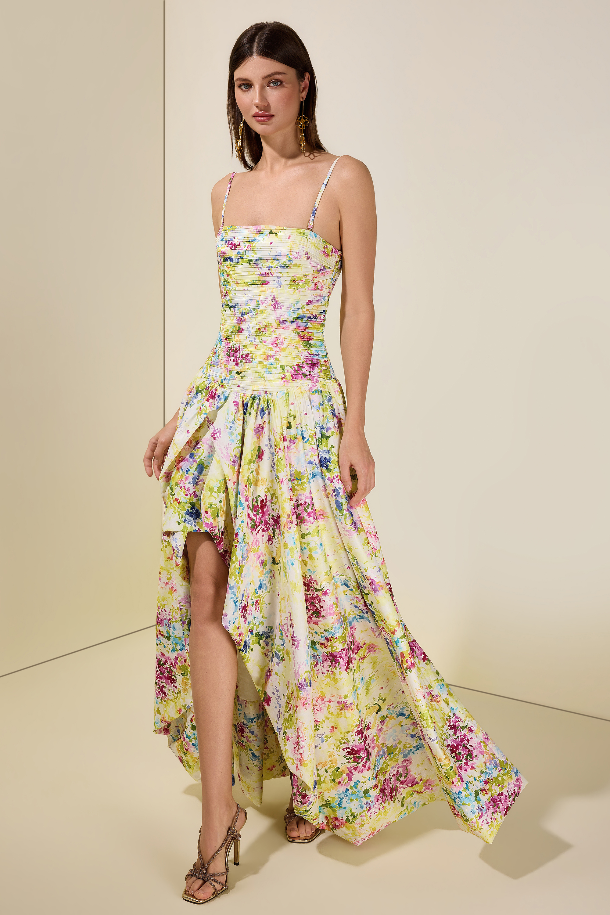 Floral Pleated Smocking Slit Maxi Dress