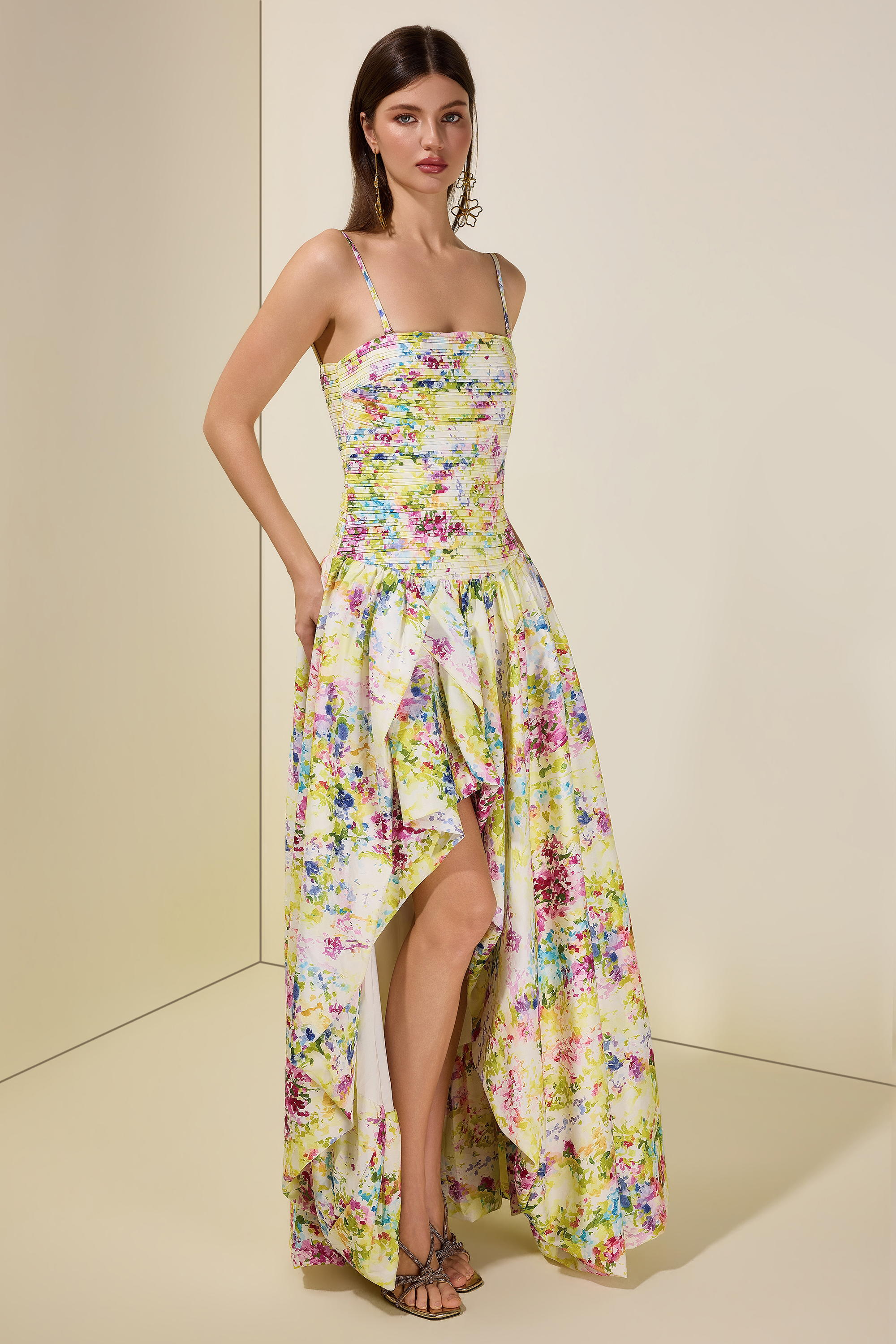 Floral Pleated Smocking Slit Maxi Dress