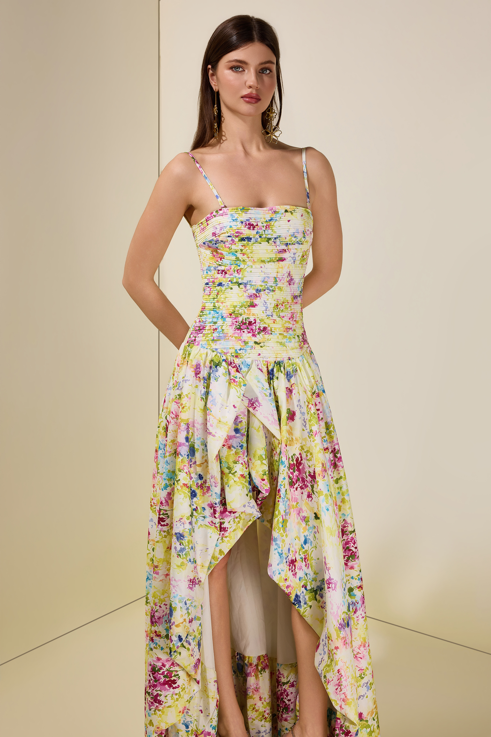 Floral Pleated Smocking Slit Maxi Dress