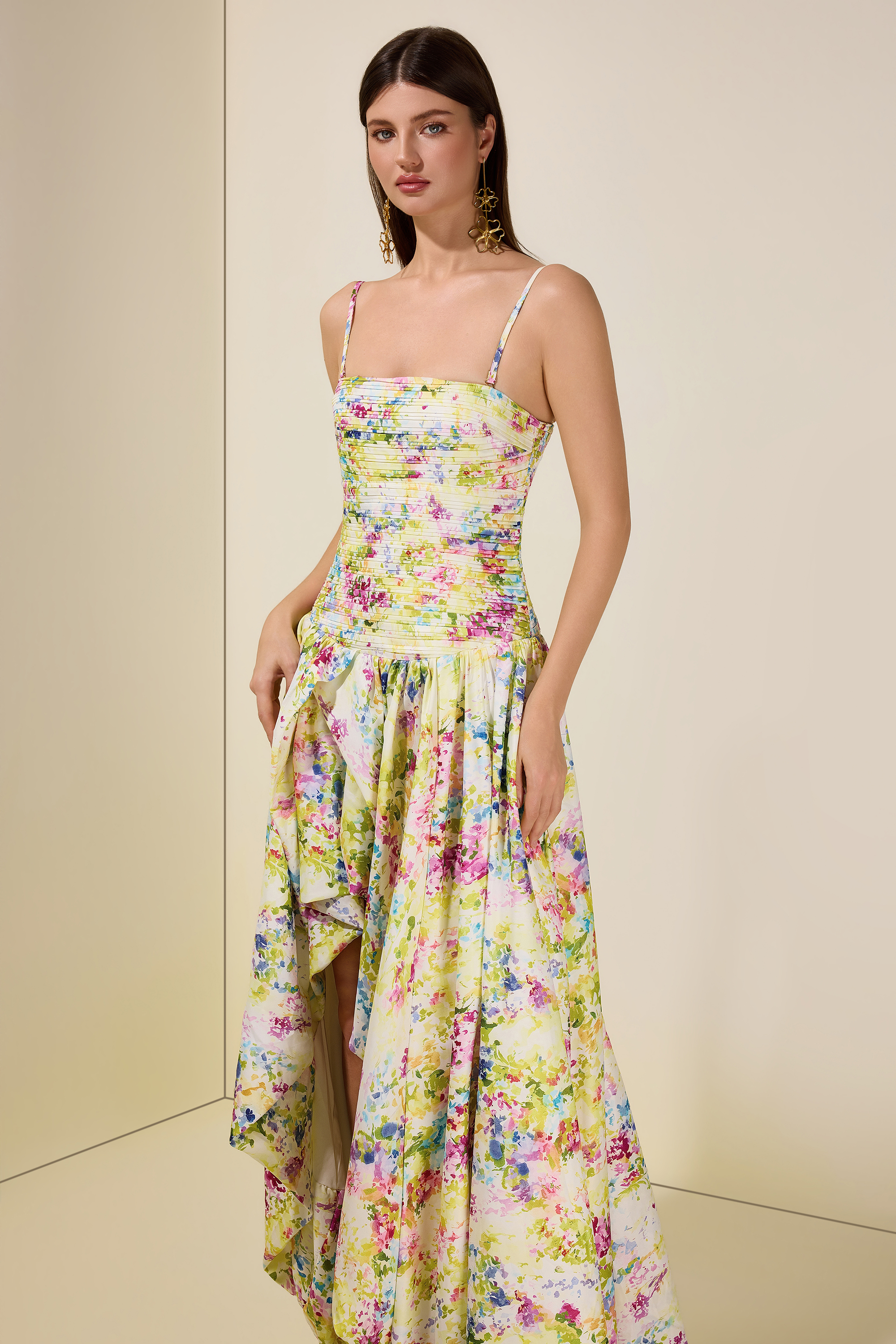 Floral Pleated Smocking Slit Maxi Dress