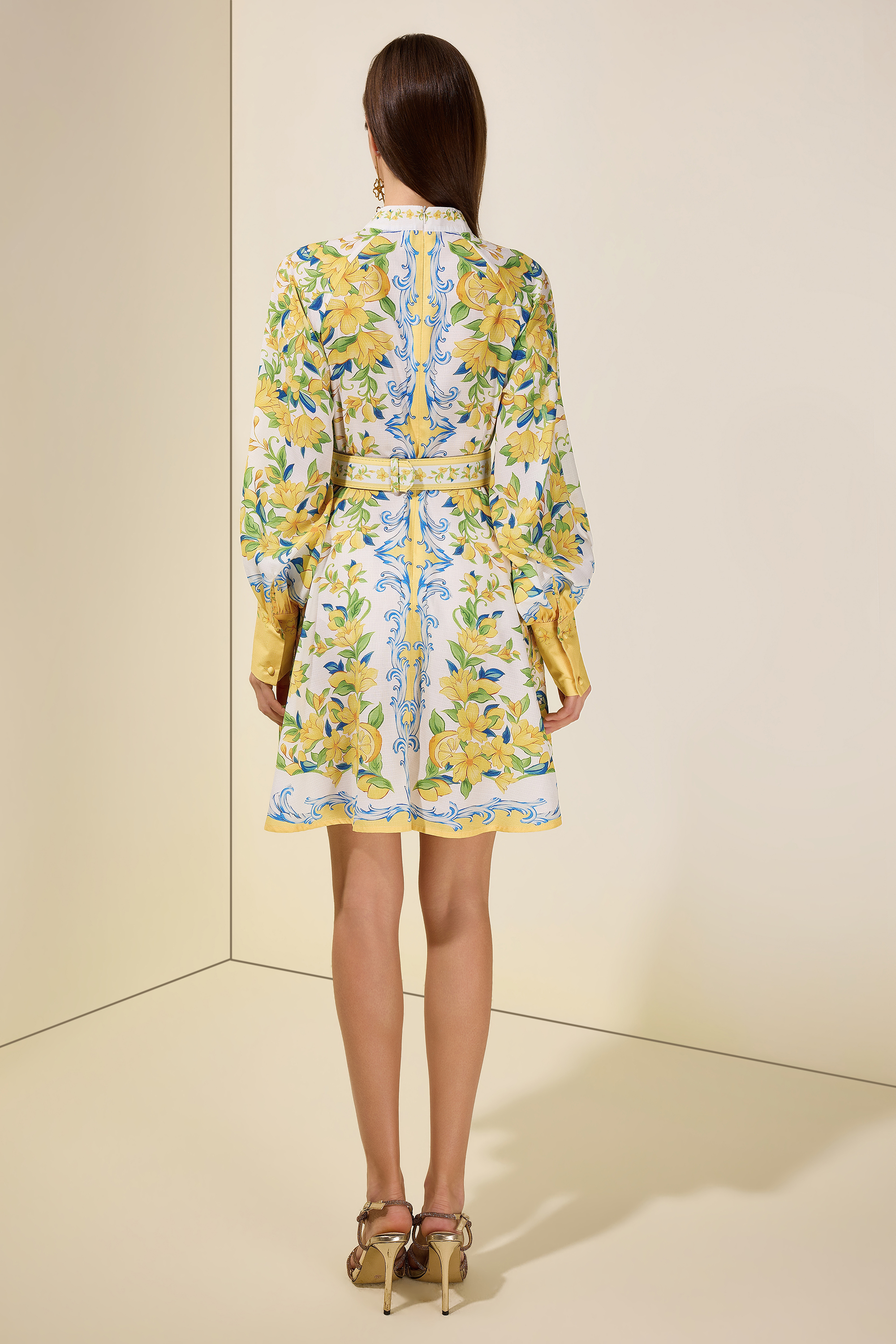 Lemon Floral Single-Breasted Midi Dress With Belt