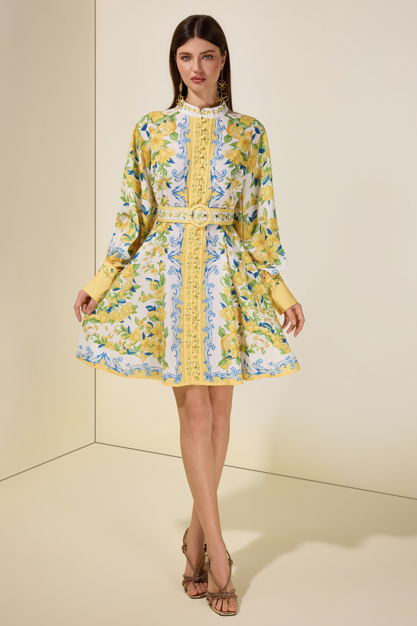 Lemon Floral Single-Breasted Midi Dress With Belt