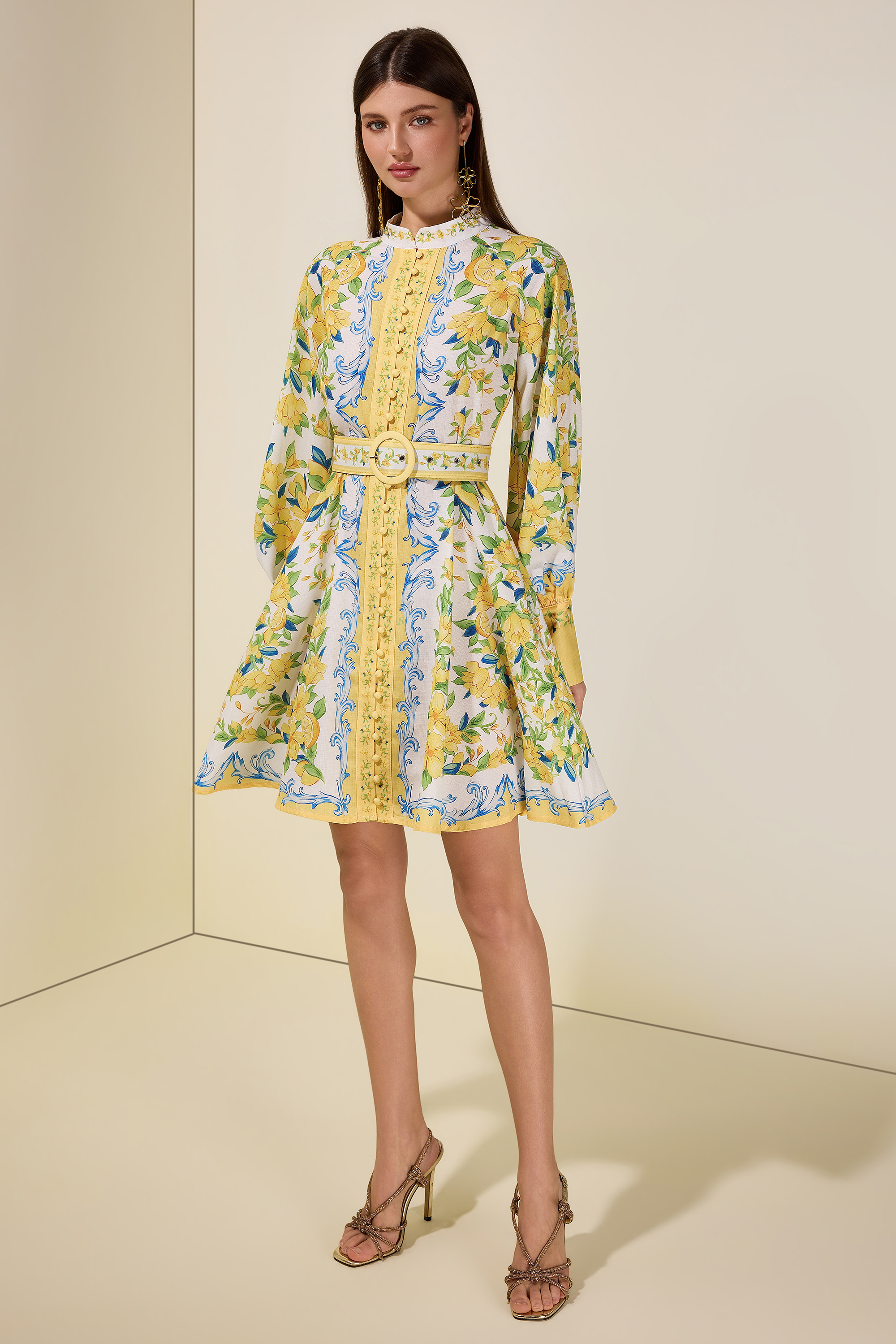 Lemon Floral Single-Breasted Midi Dress With Belt