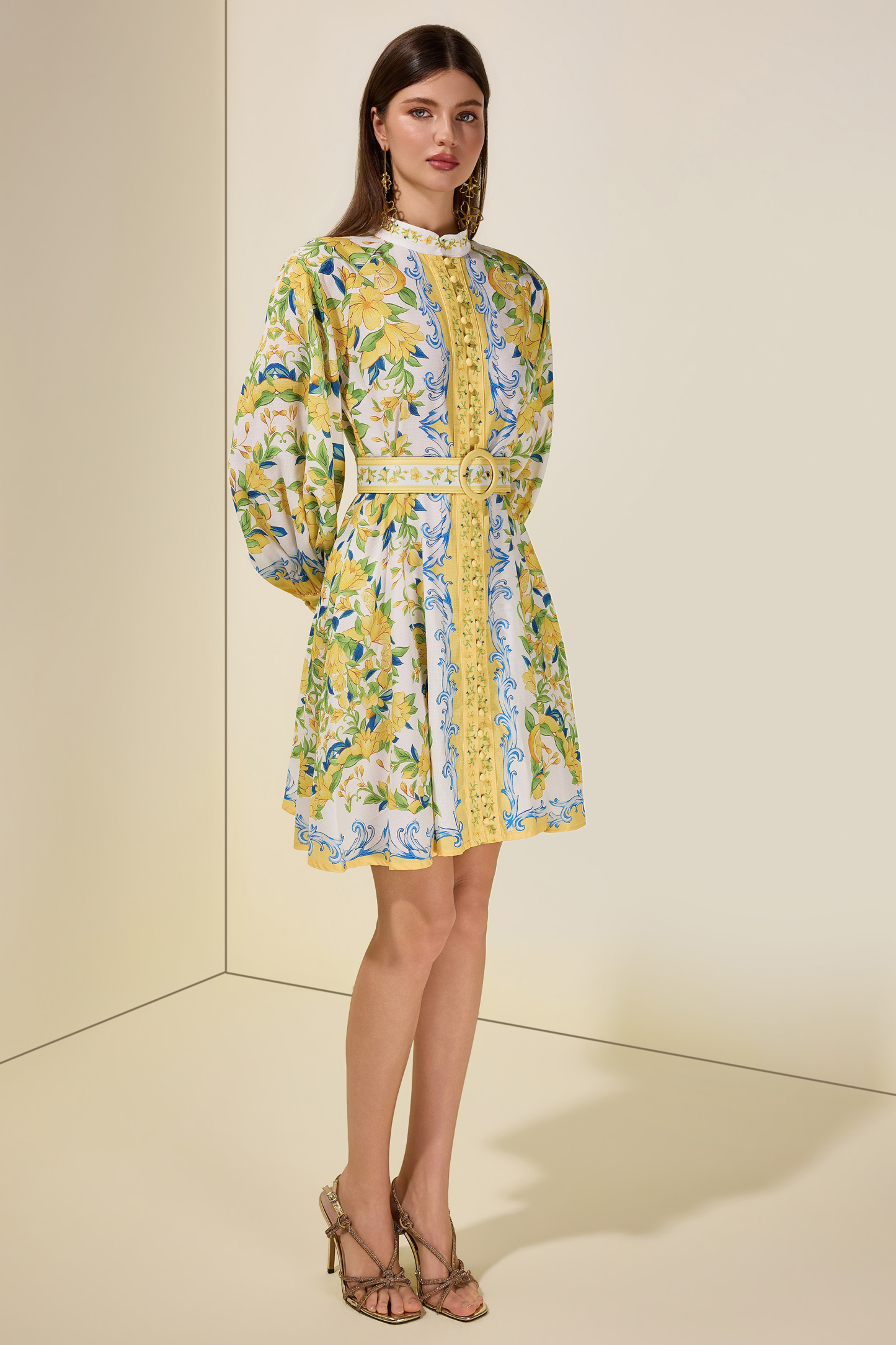 Lemon Floral Single-Breasted Midi Dress With Belt