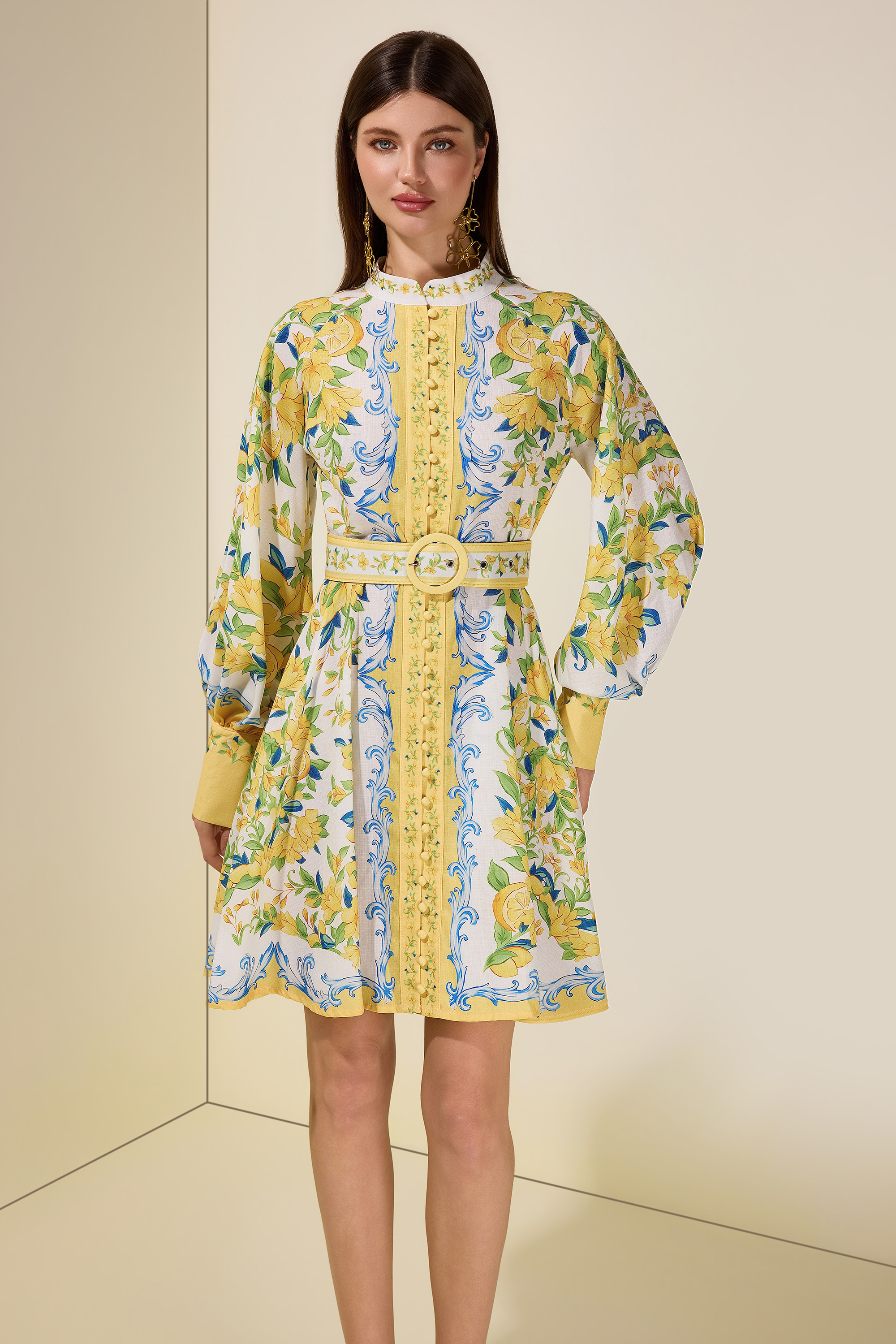Lemon Floral Single-Breasted Midi Dress With Belt