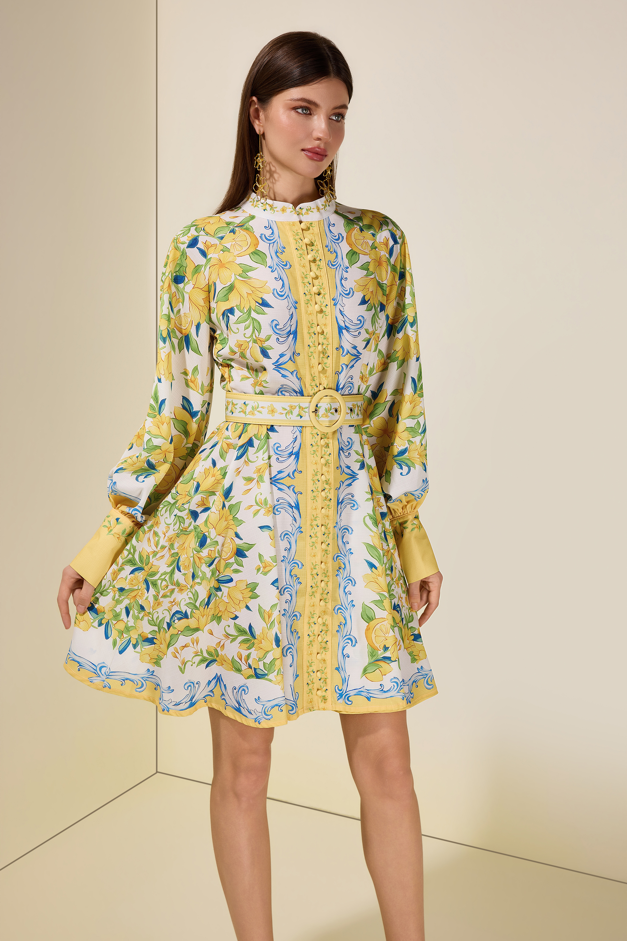 Lemon Floral Single-Breasted Midi Dress With Belt