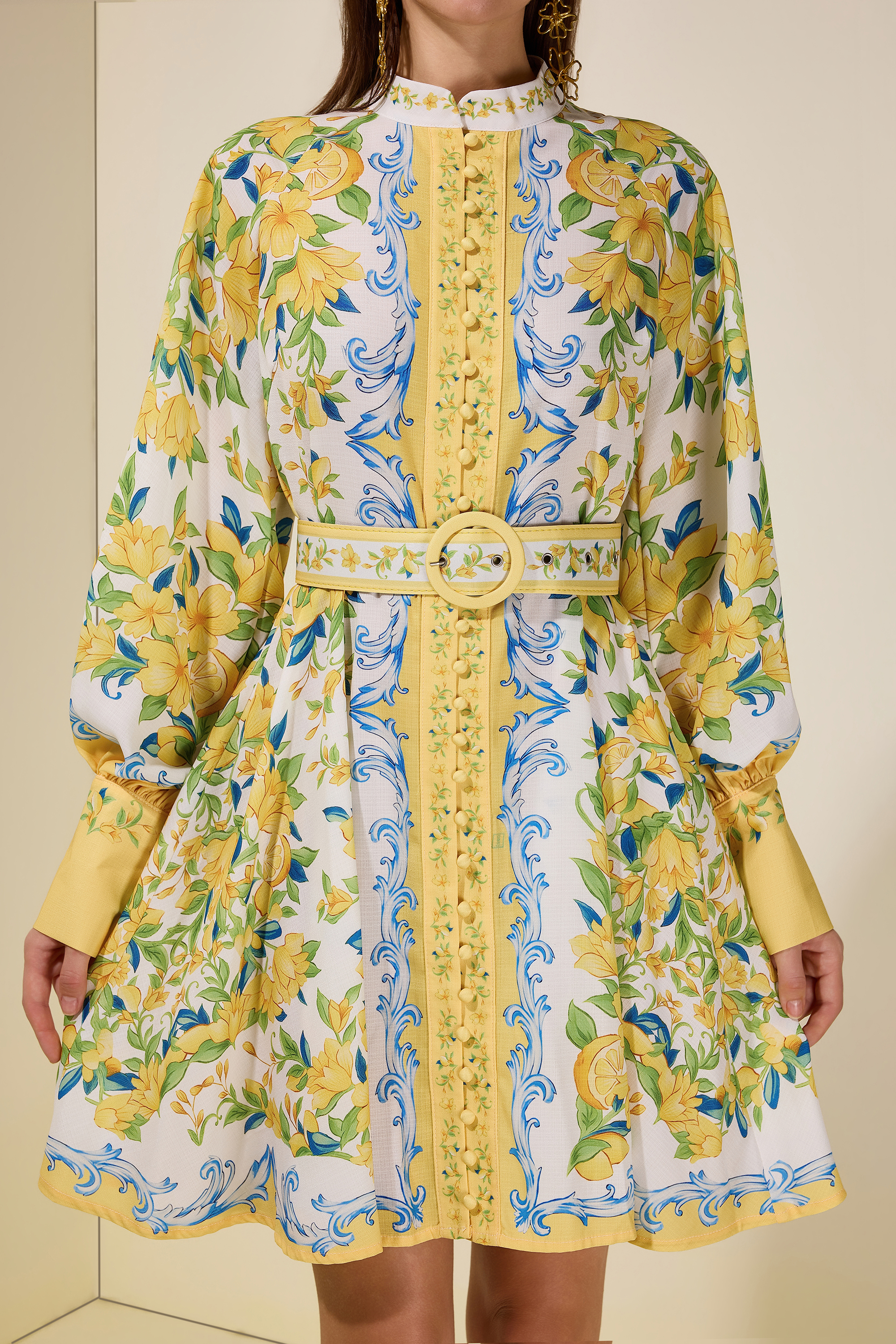 Lemon Floral Single-Breasted Midi Dress With Belt