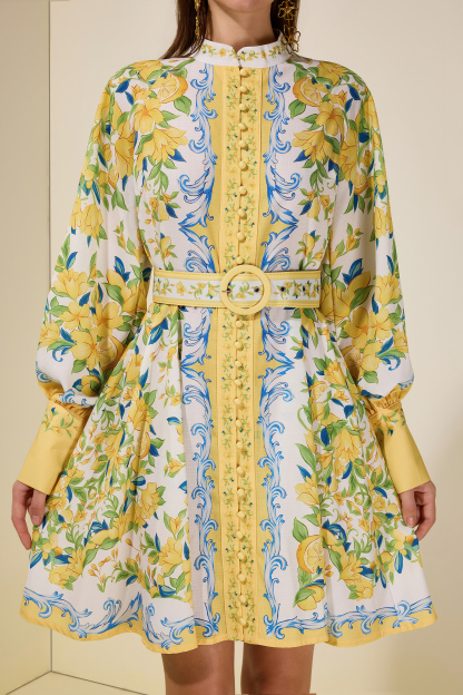 Lemon Floral Single-Breasted Midi Dress With Belt