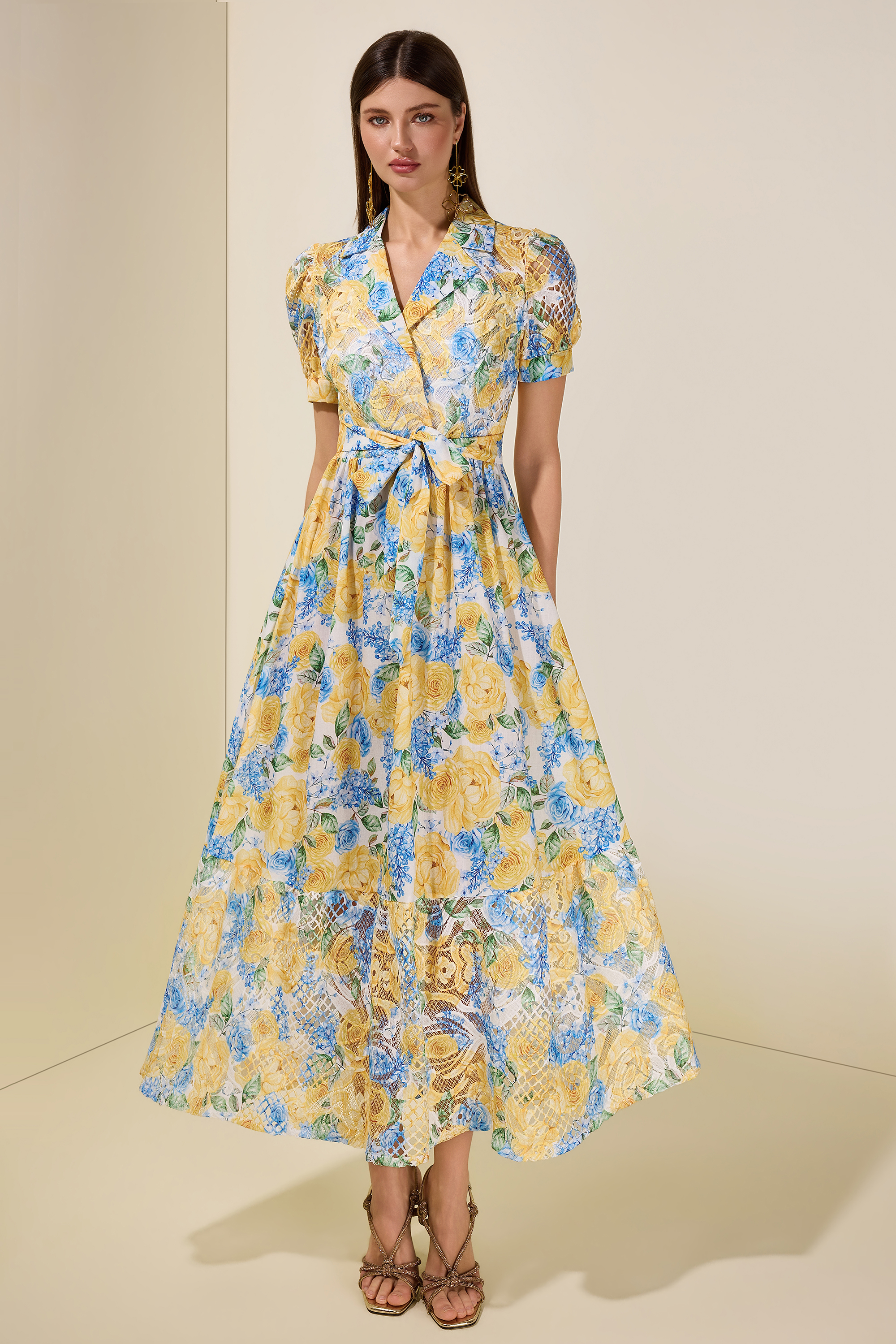 Floral Lace Tailored Collar Midi Dress