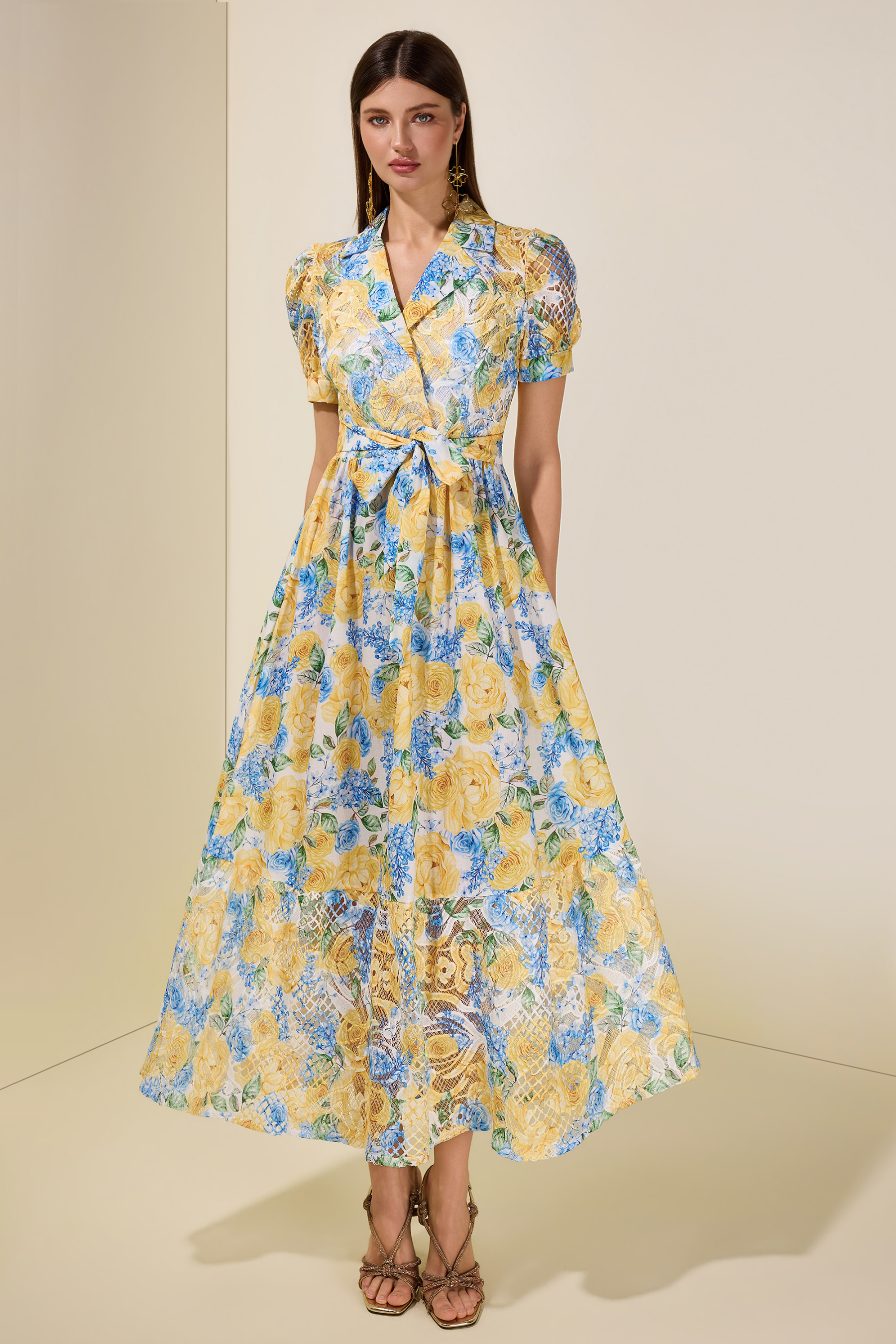 Floral Lace Tailored Collar Midi Dress