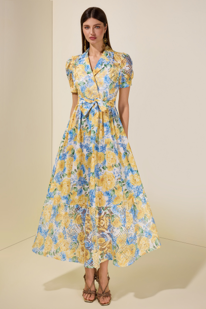 Floral Lace Tailored Collar Midi Dress